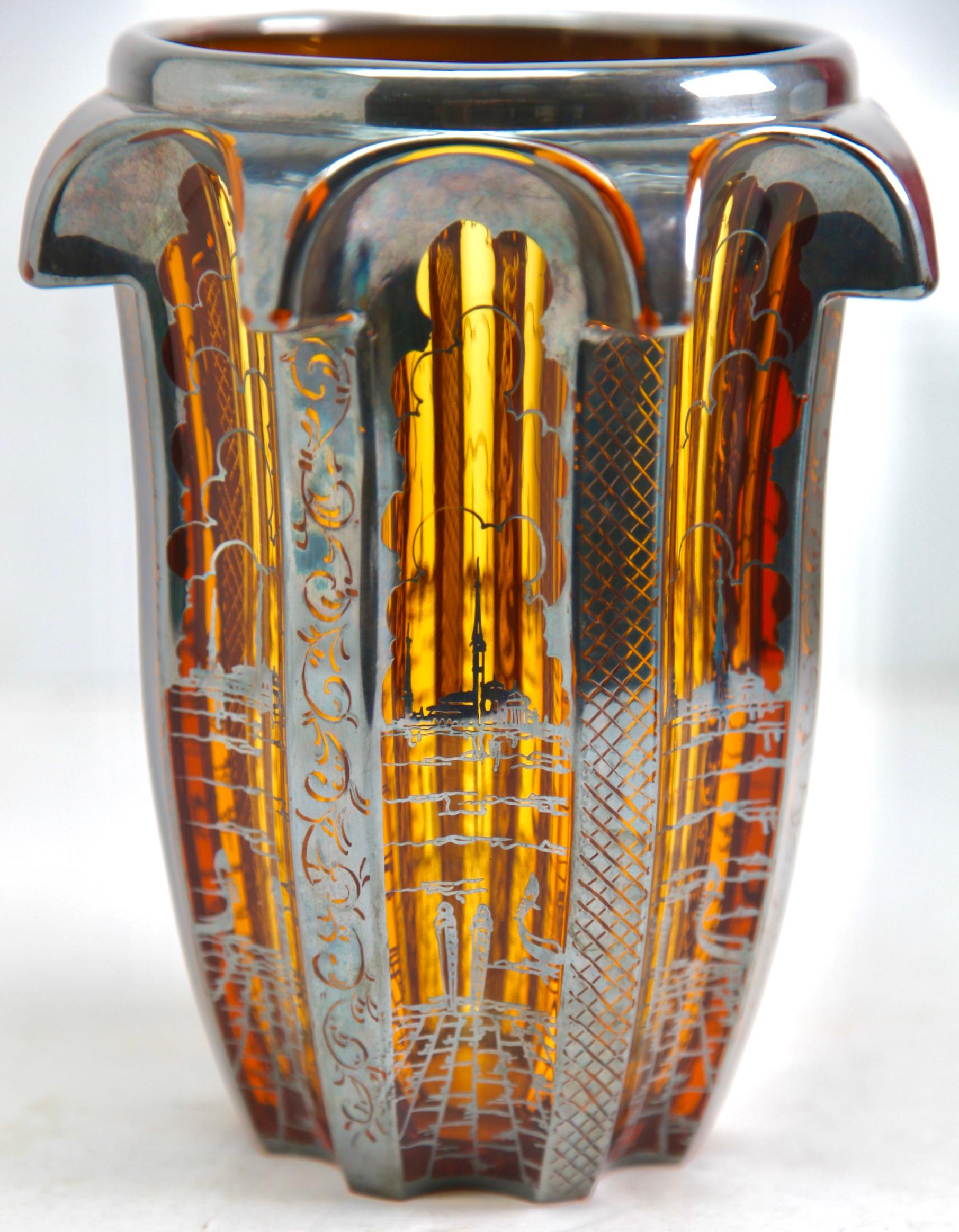 Czech Moser vase in Amber glass vase decorated Floral ornaments Silver Leaf For Sale