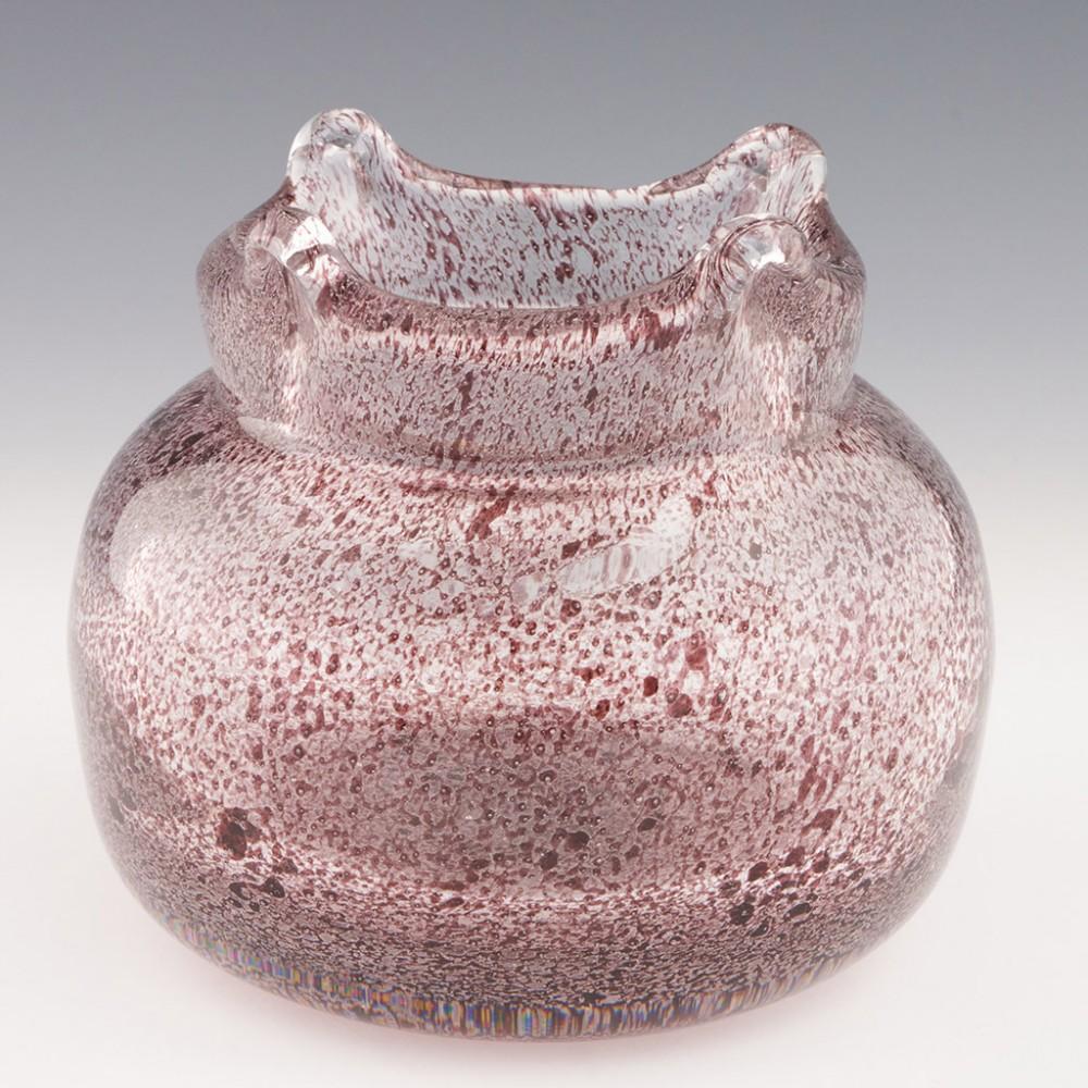 Heading : Moser vase with ename inclusions and bubbles designed by Pavel Hlava
Date : c1965
Origin : Karlovy Vary (formerly Karlsbad), Czechoslovakia, now Czech Republic
Bowl Features :  Clear glass with amethyst enamel inclusions and bubbles.
Marks