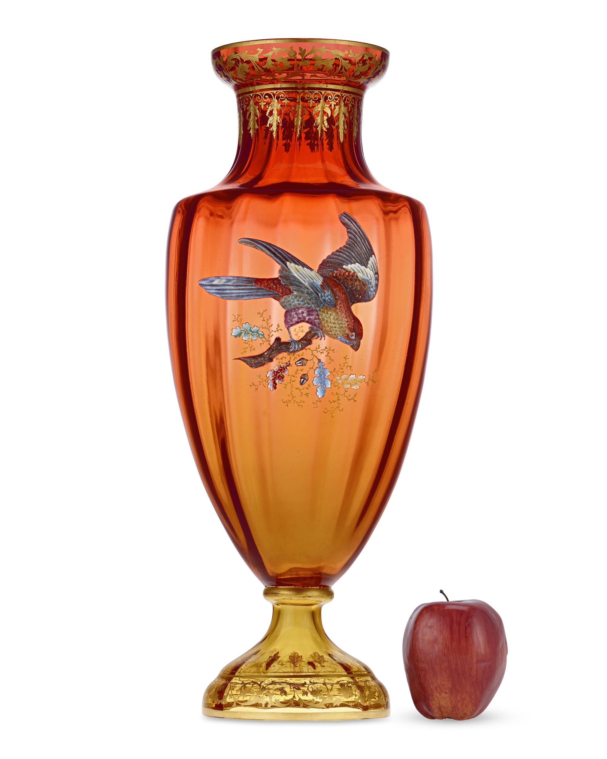 Czech Moser Vase with Gilt and Enamel Bird For Sale