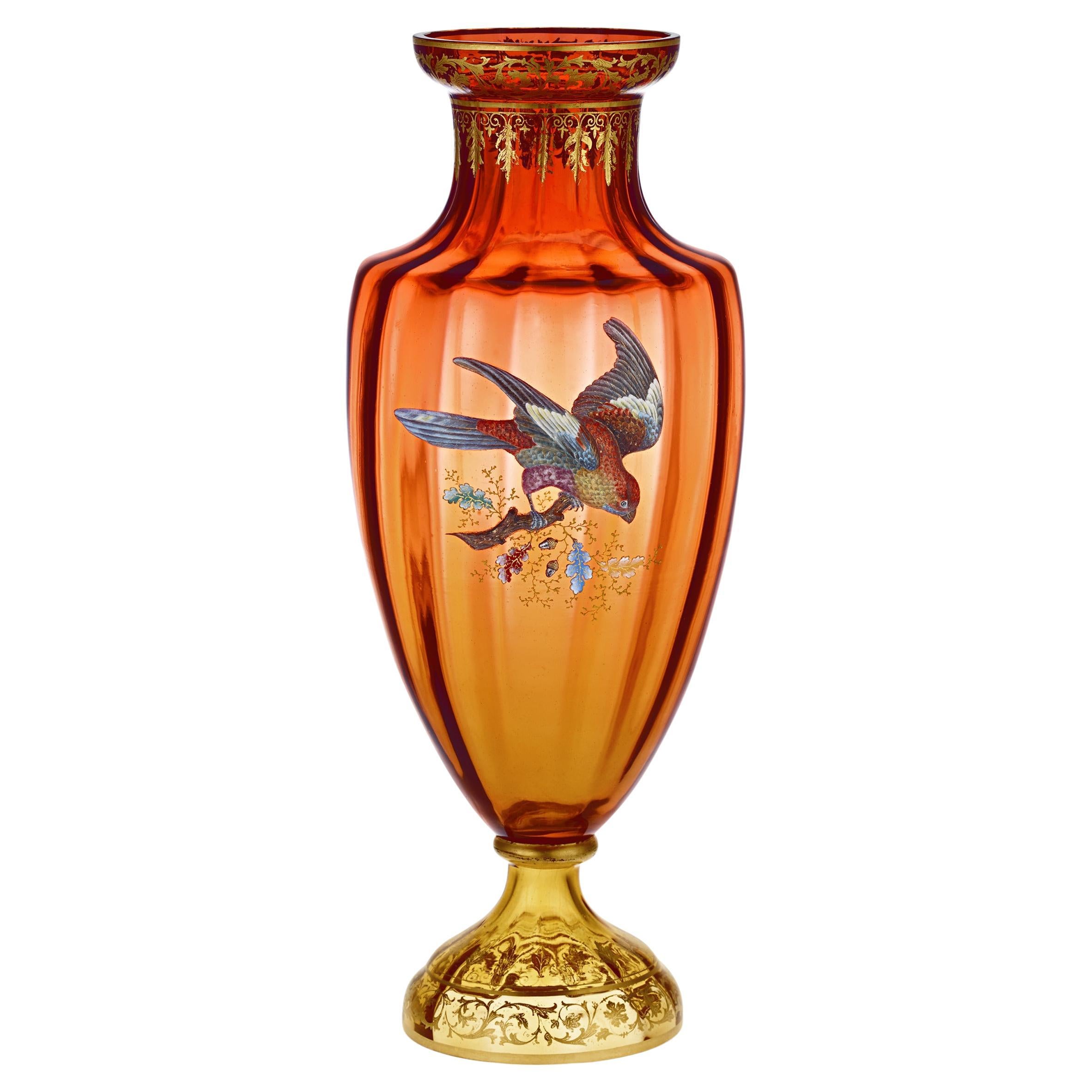 Moser Vase with Gilt and Enamel Bird