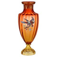 Moser Vase with Gilt and Enamel Bird