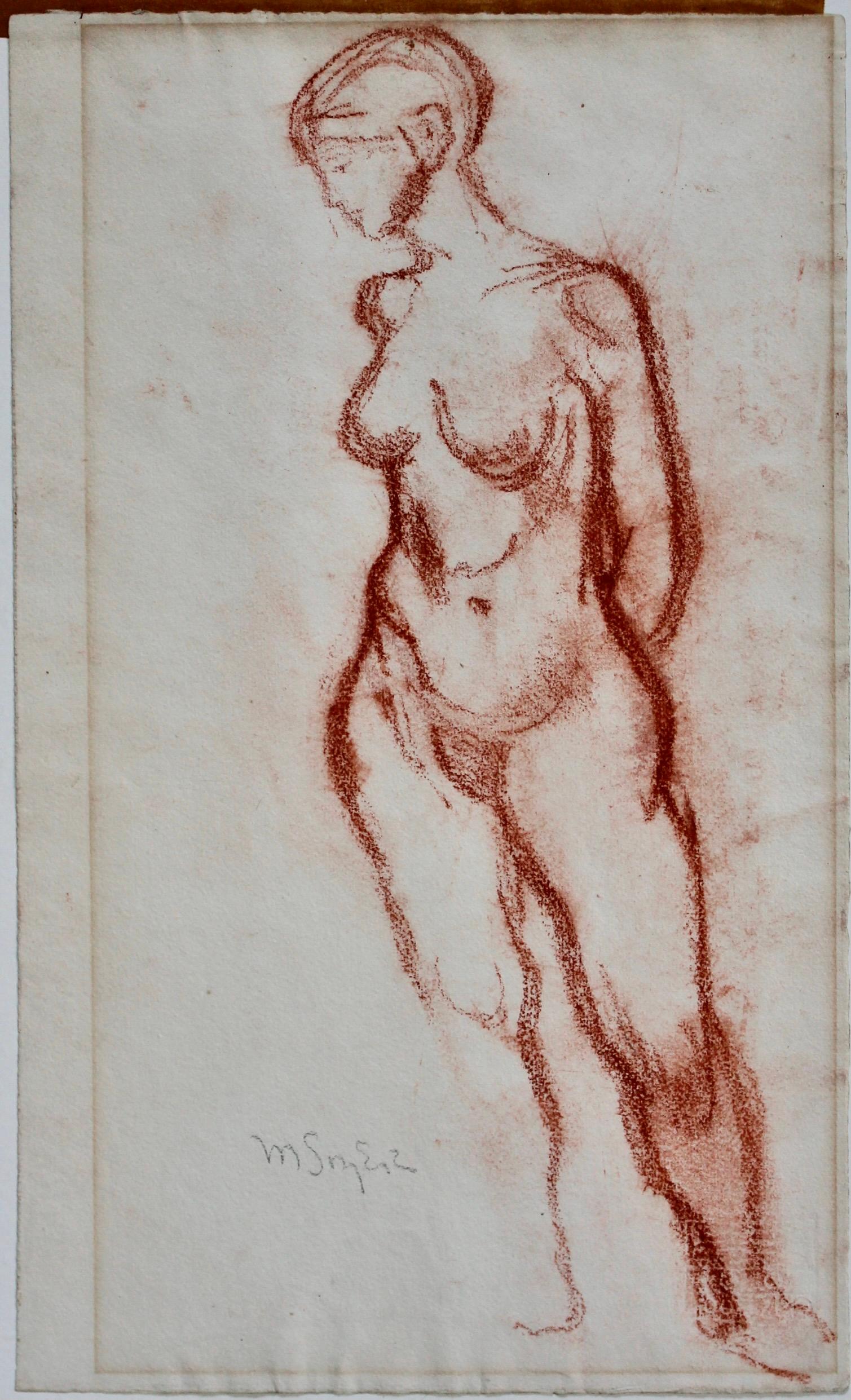 A sanguine figure study by Moses Sawyer (Amer. 1899-1974). Unframed. Previously matted area 19x 103/8