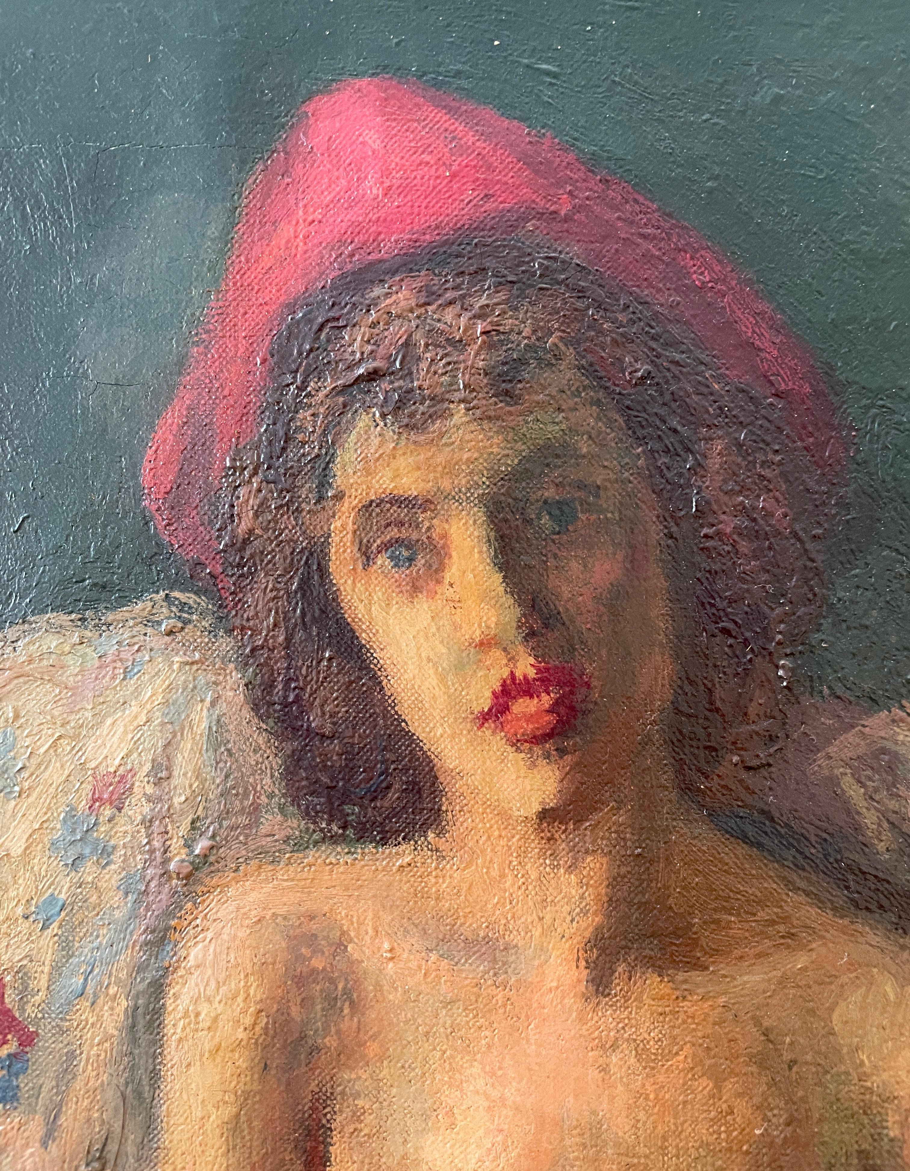 Huile sur toile « The Red Hat » de Moses Soyer en vente 2