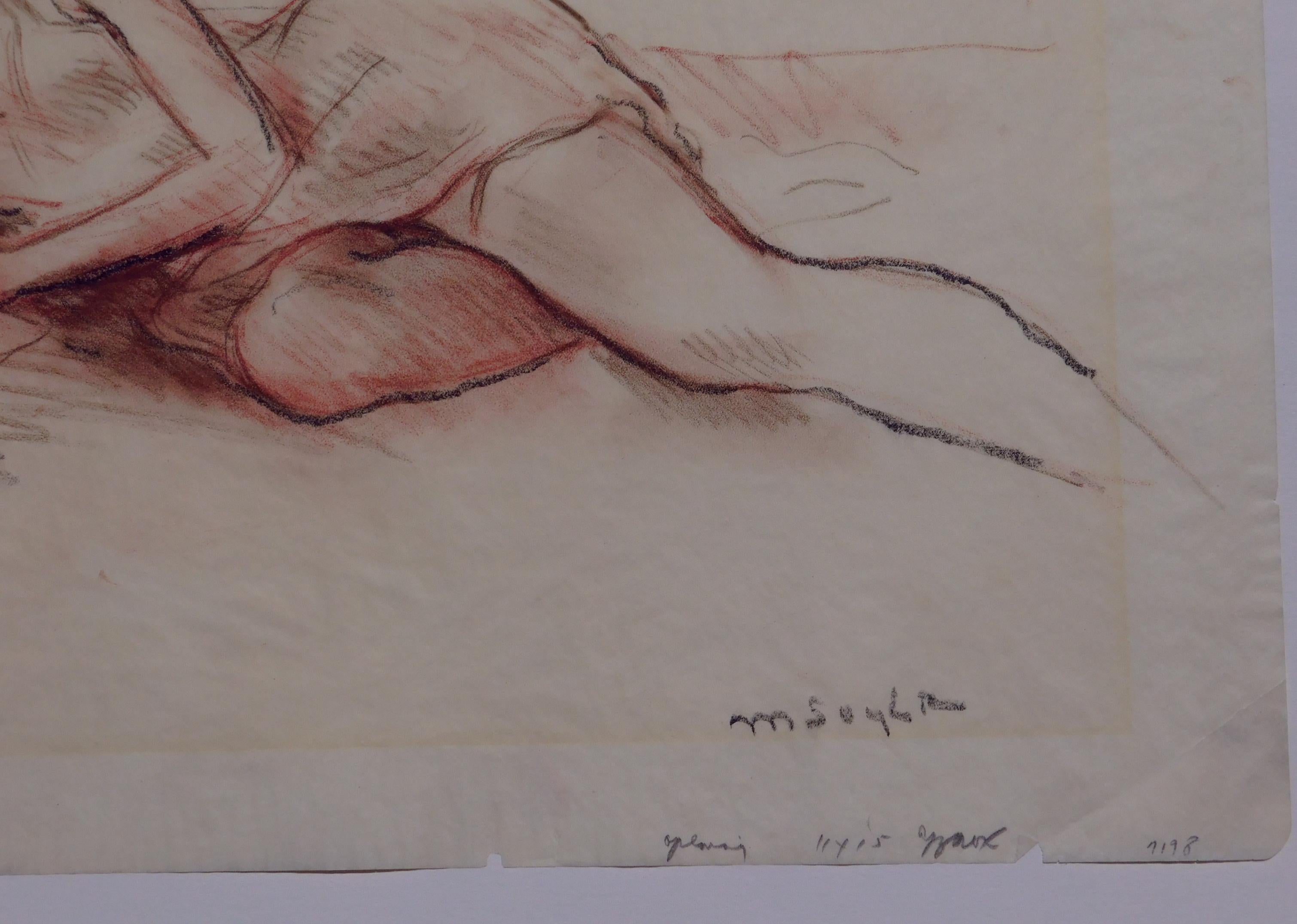 Moses Soyer Graphite and Conte Crayon Drawing, Circa 1950's - Resting Female For Sale 2