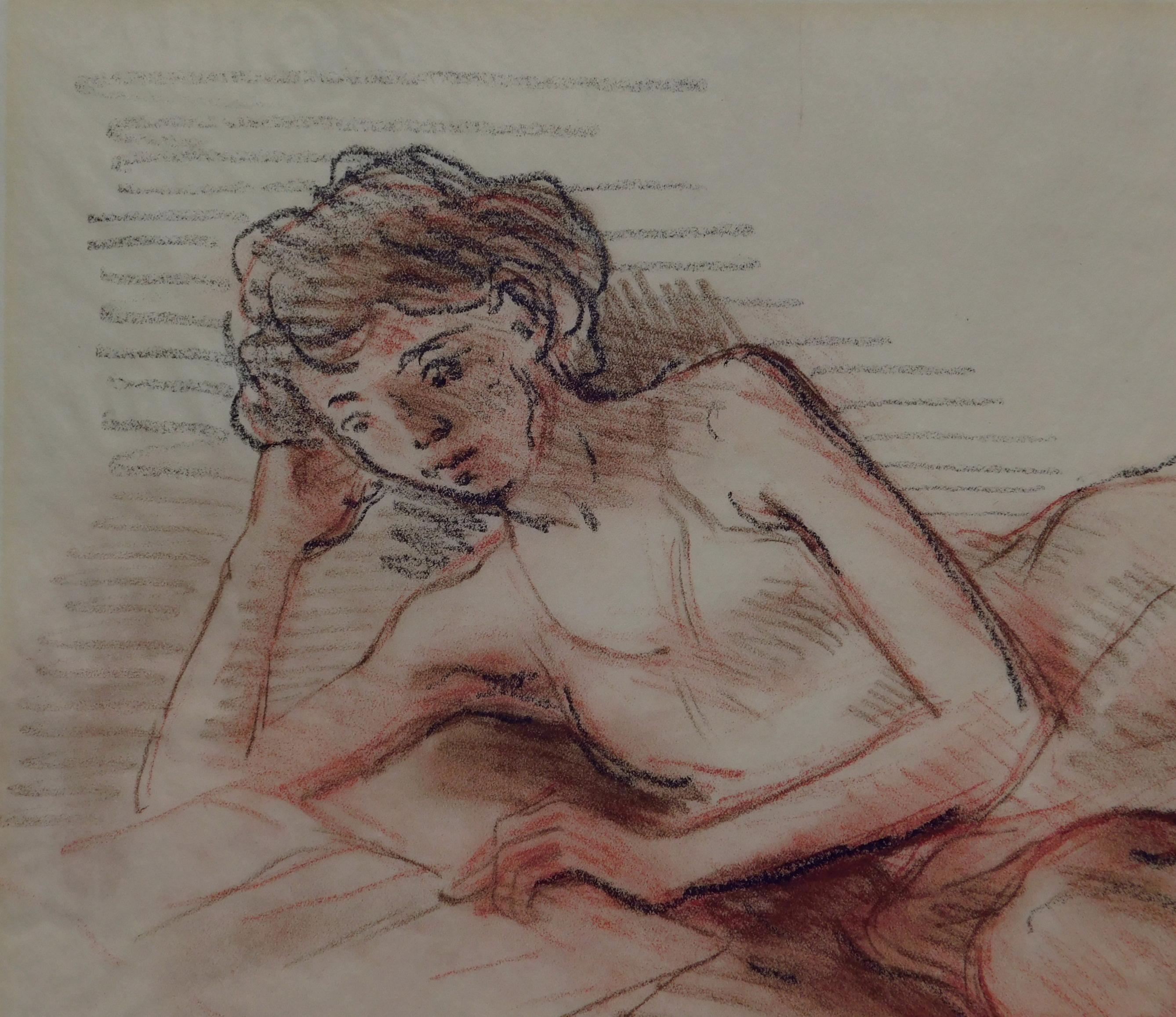 Moses Soyer Graphite and Conte Crayon Drawing, Circa 1950's - Resting Female For Sale 4