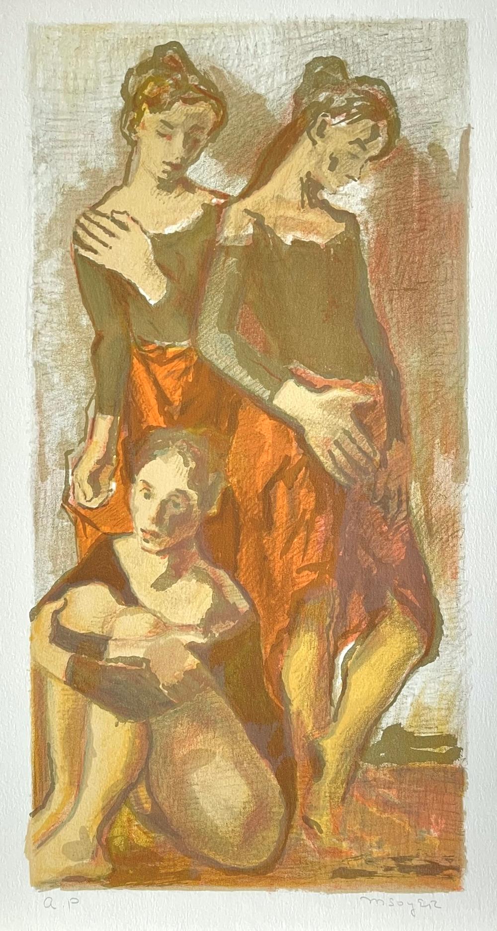 TRES BAILARINAS DE DANZA CLÁSICA Litografía firmada, Mujeres, Ensayo de danza, Caqui, Naranja - Print de Moses Soyer