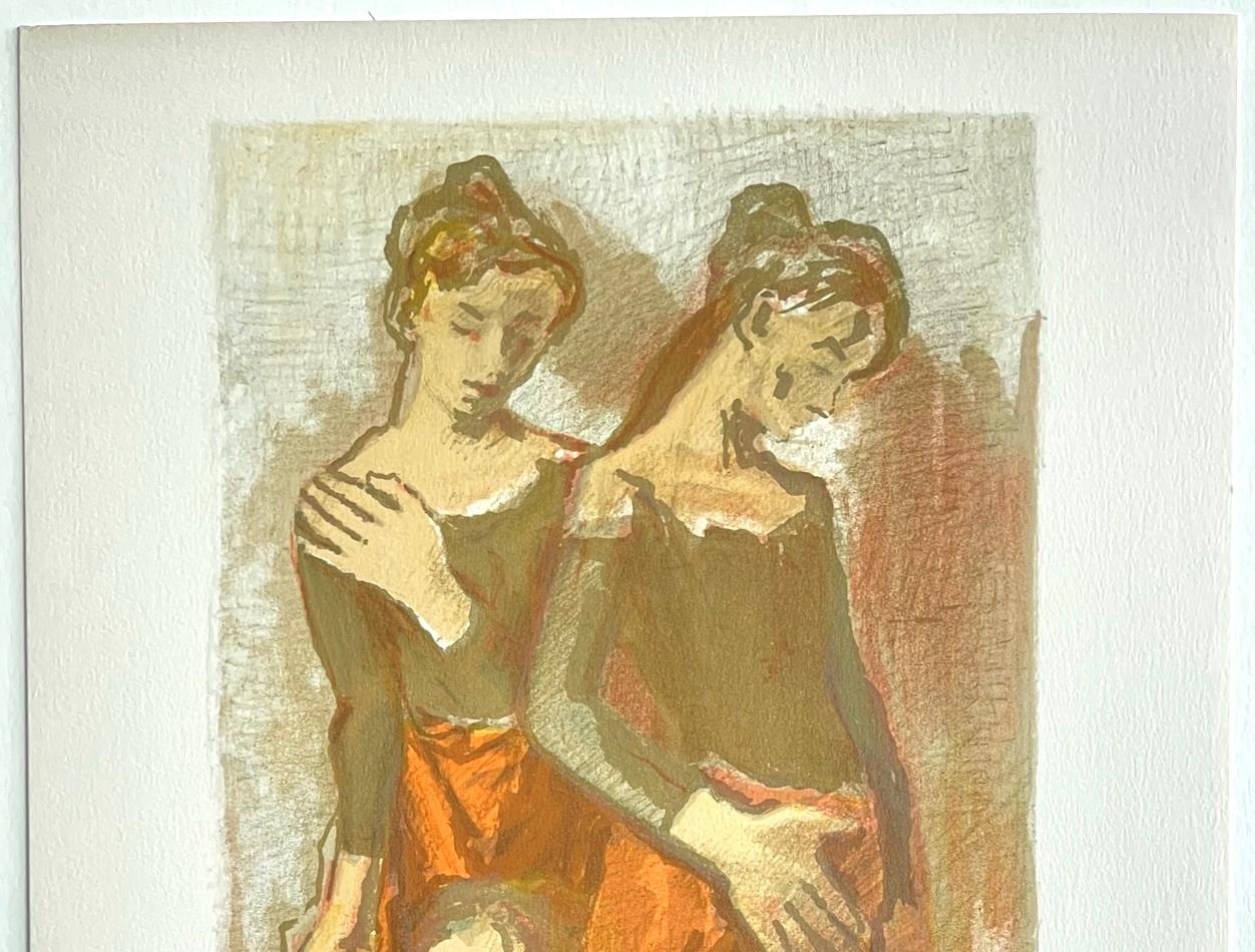 TRES BAILARINAS DE DANZA CLÁSICA Litografía firmada, Mujeres, Ensayo de danza, Caqui, Naranja en venta 1