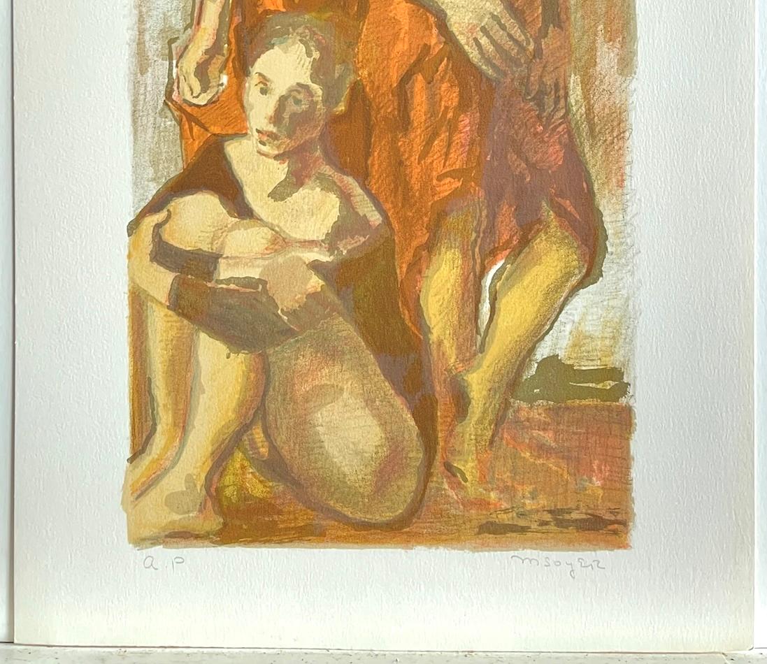 TRES BAILARINAS DE DANZA CLÁSICA Litografía firmada, Mujeres, Ensayo de danza, Caqui, Naranja en venta 2