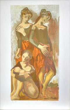 THREE BALLET DANCERS Signed Lithograph, Women, Dance Rehearsal, Khaki, Orange