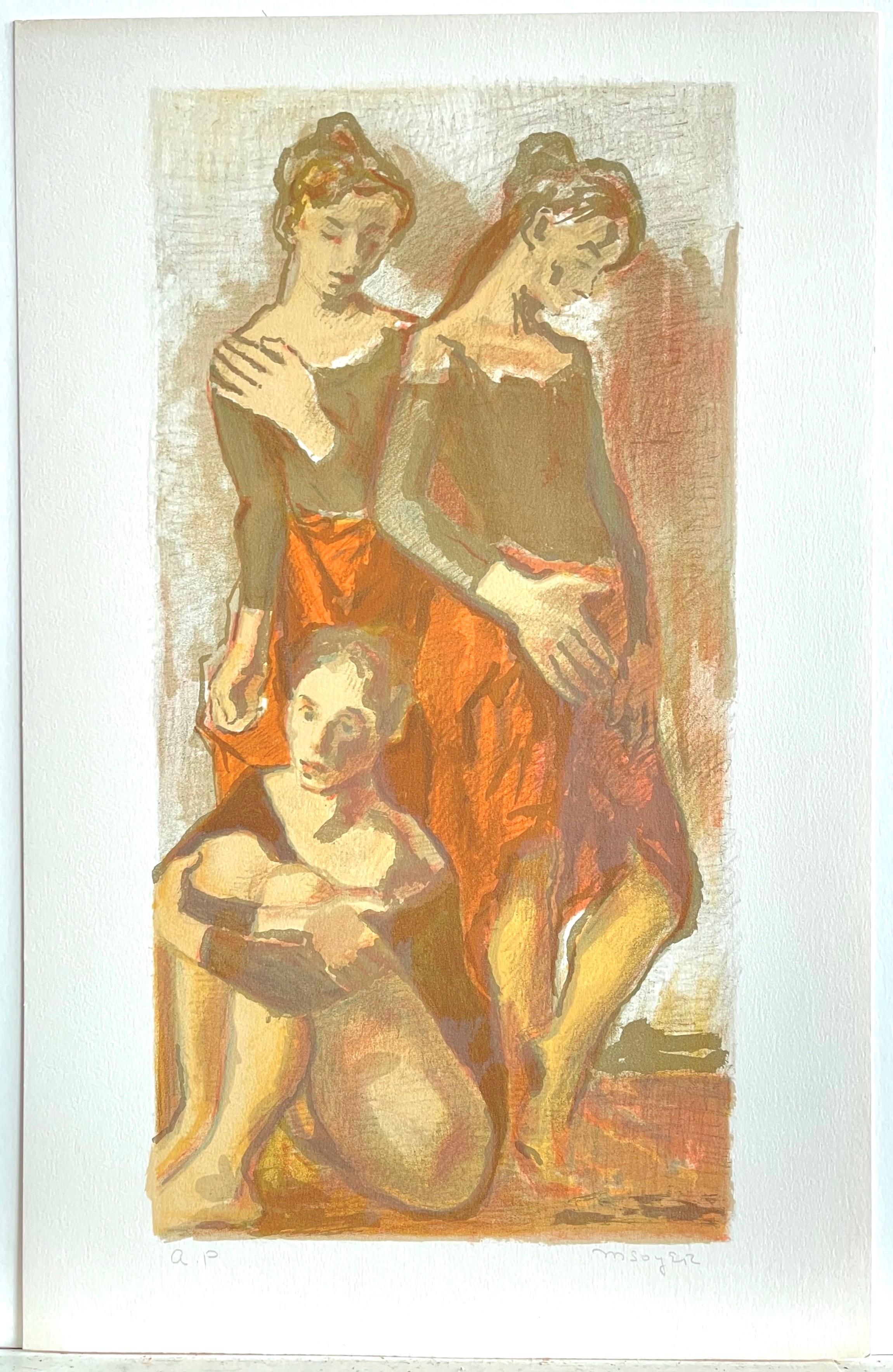 THREE BALLET DANCERS signé, lithographie originale, portrait de danse, orange, kaki en vente 1