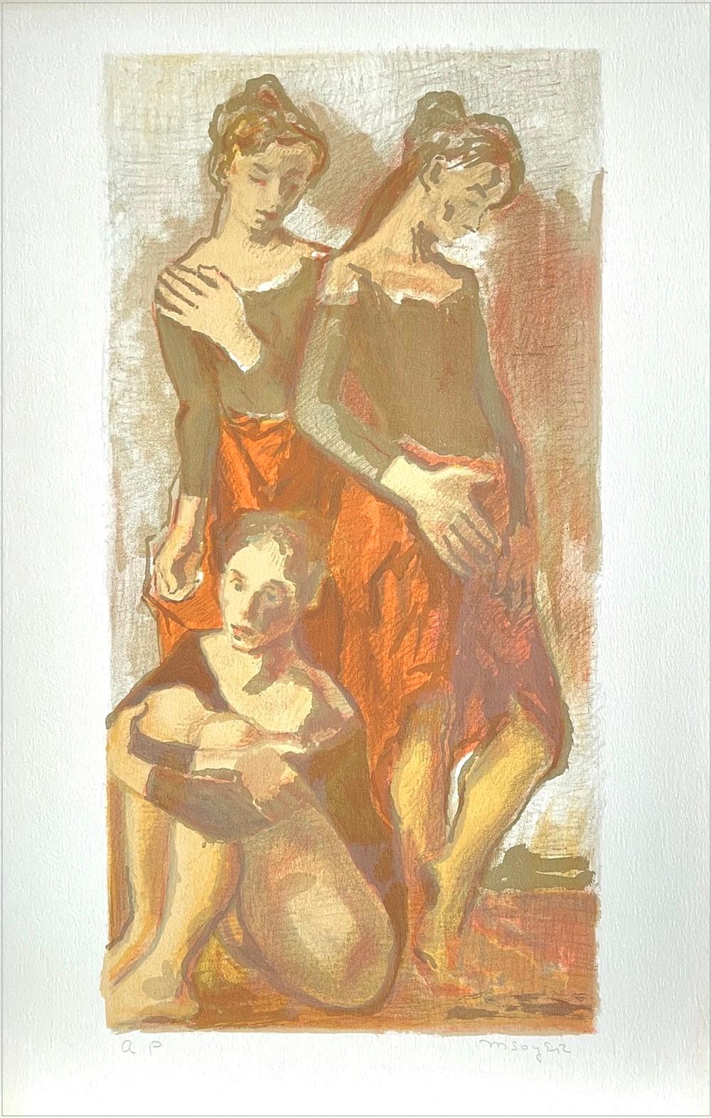 Figurative Print Moses Soyer - THREE BALLET DANCERS signé, lithographie originale, portrait de danse, orange, kaki