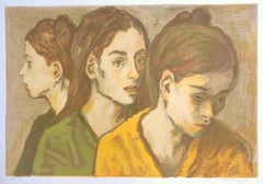 THREE YOUNG WOMEN PORTRAIT Signed Original Lithograph, Avocado Green, Mustard