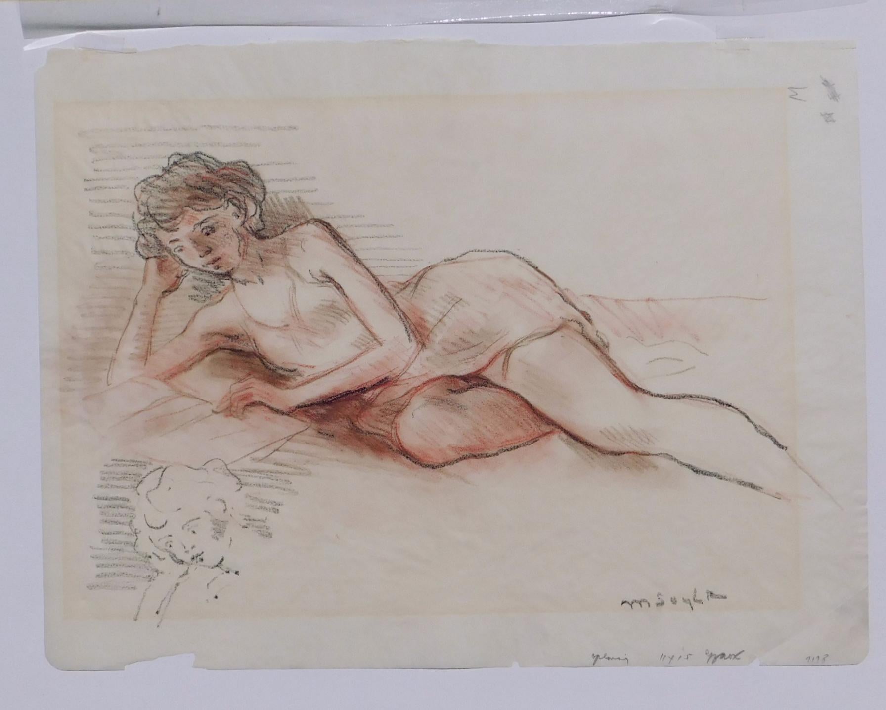 Dessin original de Moïse (1899-1974), frère jumeau de Raphael Soyer, représentant une femme au repos.
L'œuvre est signée par l'artiste en bas à droite et est réalisée au crayon de couleur et à la mine de plomb.
Il est dépourvu de cadre et en