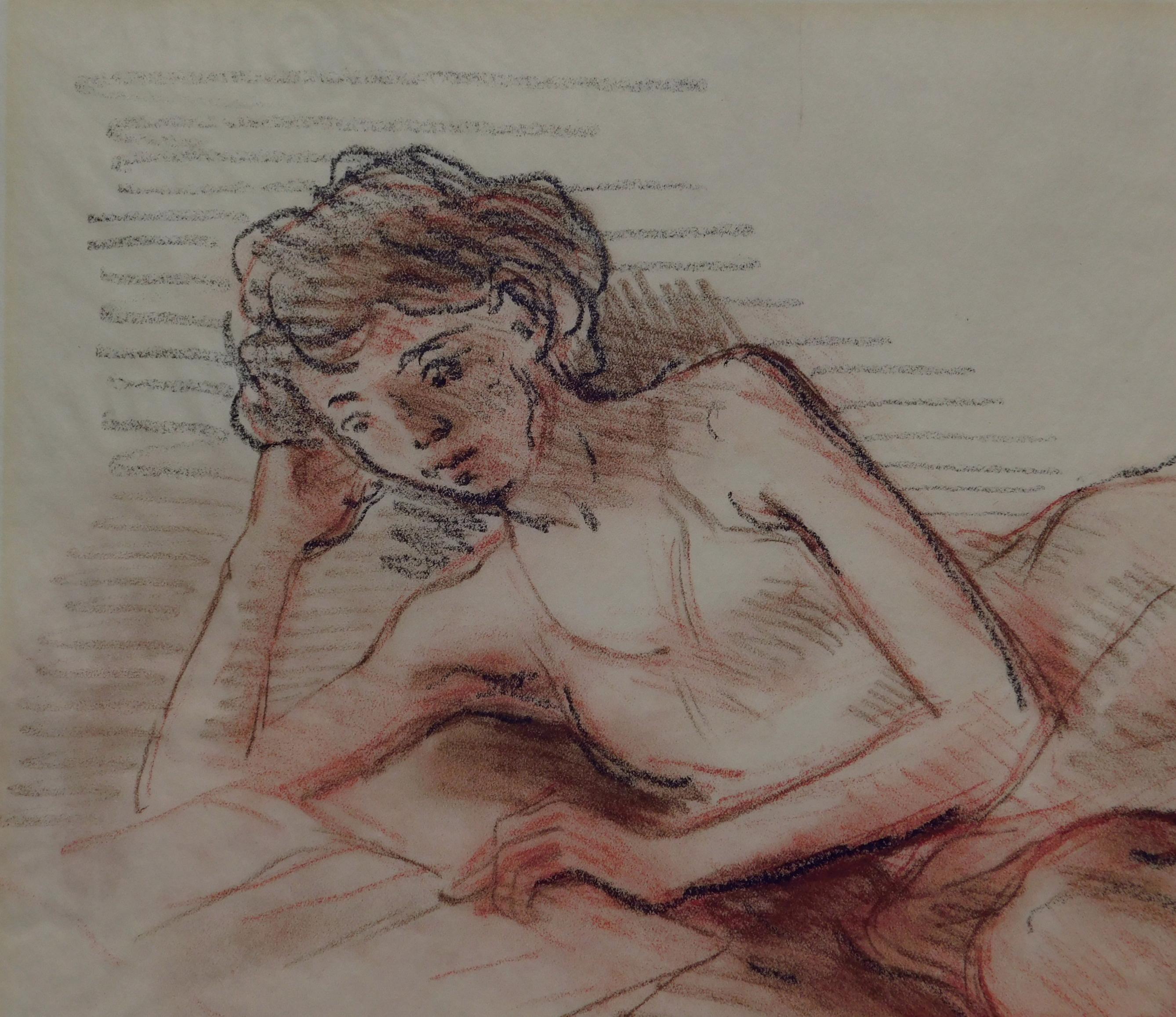 20ième siècle Drawing Moses Soyer Graphite and Conte Crayon, vers les années 1950 - Femme en train de se reposer en vente