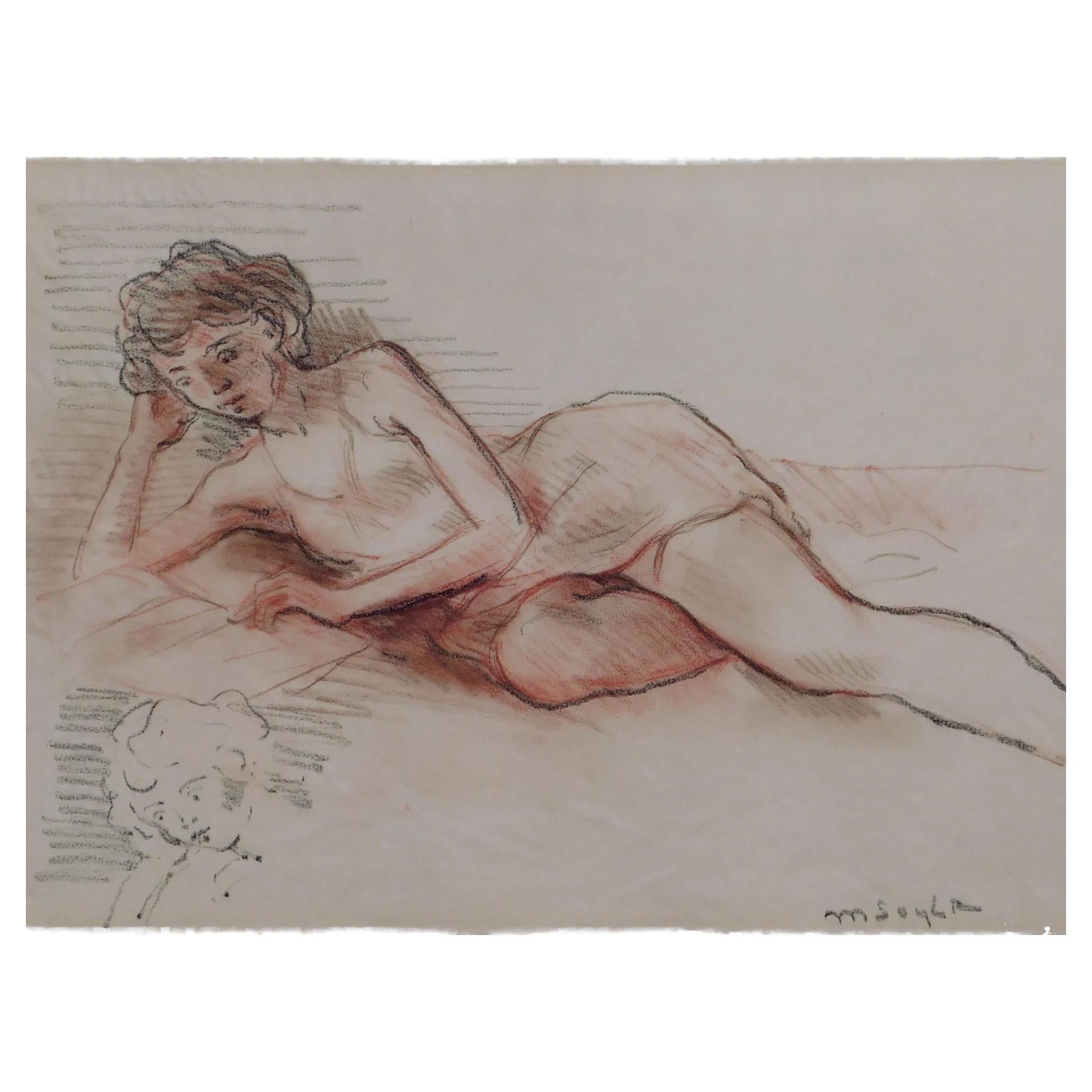 Drawing Moses Soyer Graphite and Conte Crayon, vers les années 1950 - Femme en train de se reposer en vente