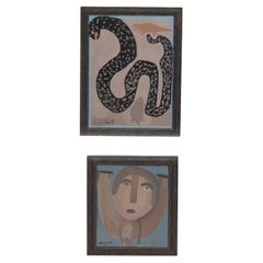 Pair Folk Art Paintings on Wood Panel, 1980s, by Moses Tolliver "MoseT" 
