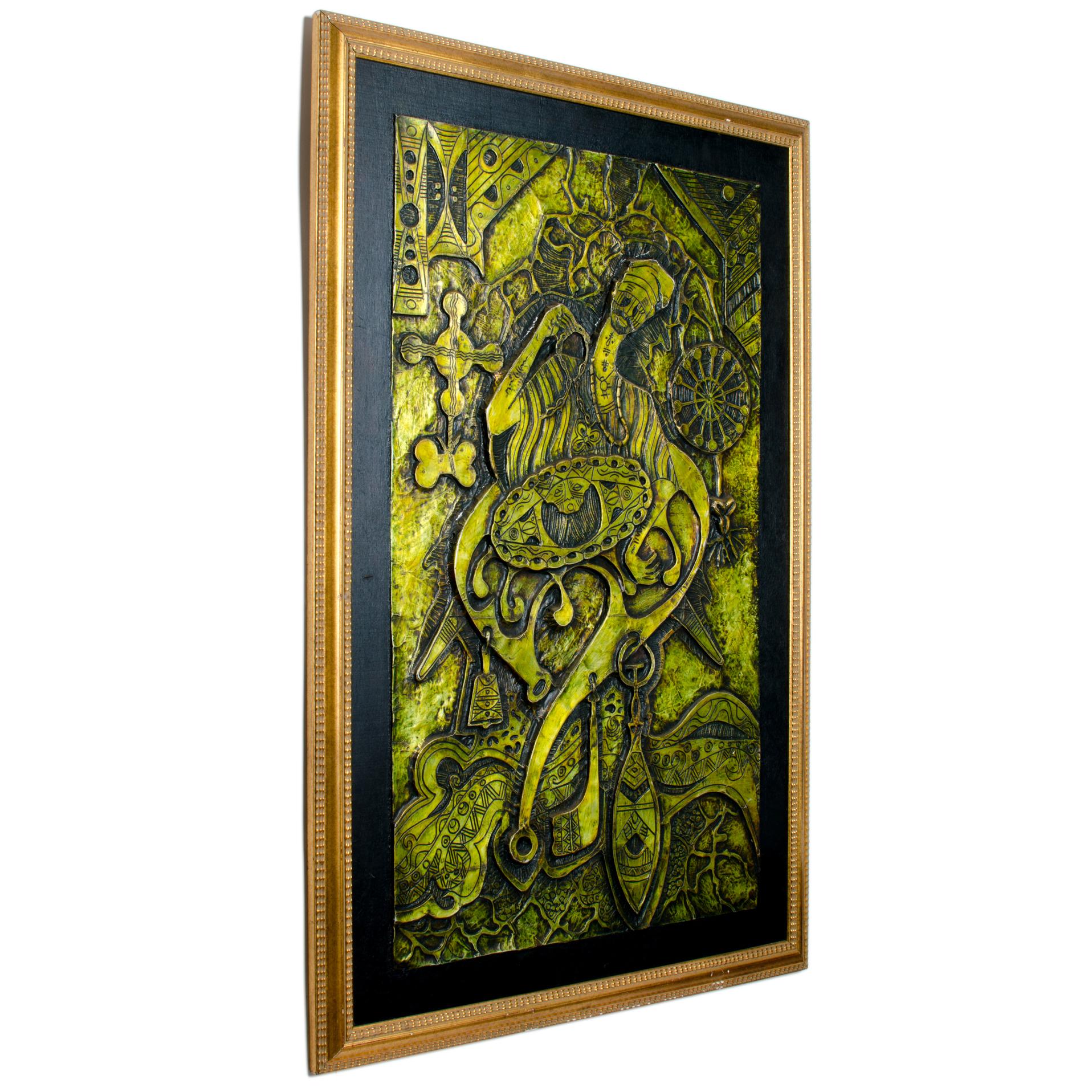 Moses Unokwah
(Nigeria, b.1964)

Divination, 1990

foil relief

edition 8/45

signed lower right

sight: 22½ by 34¾ inches

frame: 25½ by 38 inches

This sculpted foil relief from Nigerian artist Moses Unokwah is a very rare multiple with only 45 in