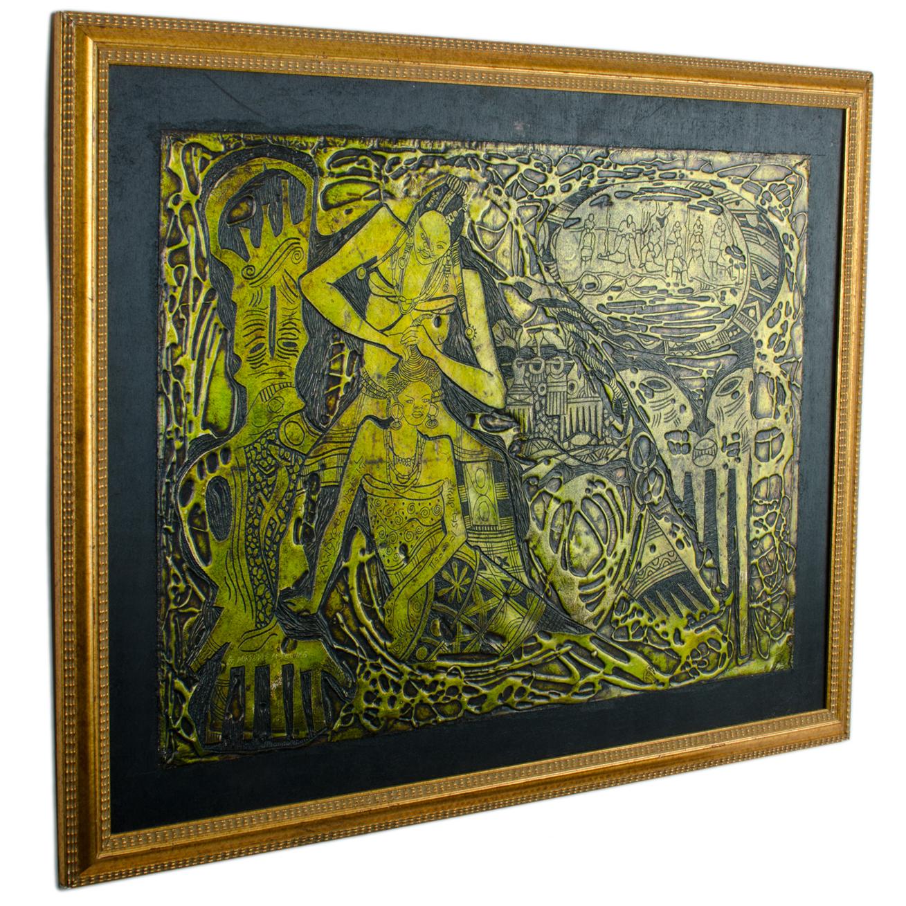 Moses Unokwah
(Nigeria, b.1964)

Mirrows and Combs, 1993

foil relief

edition 8/40

signed lower right

sight: 24½ by 31 inches

frame: 26½ by 34 inches

This sculpted foil relief from Nigerian artist Moses Unokwah is a very rare multiple with only