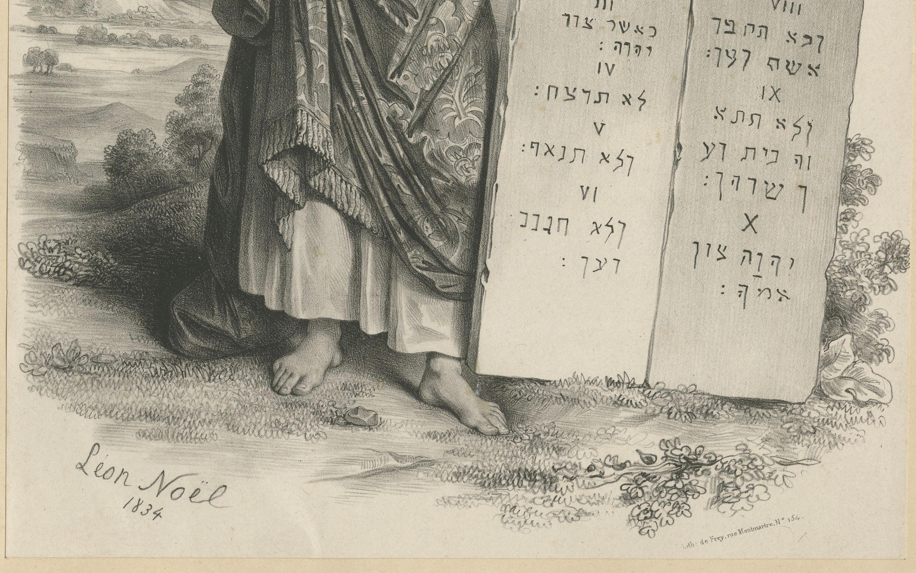 Moses with the Ten Commandments by Léon Noël – French Lithograph, 1844

This finely detailed 19th-century lithograph shows the biblical figure of Moses holding the stone tablets of the Ten Commandments. Drawn and signed by French artist Léon Noël,