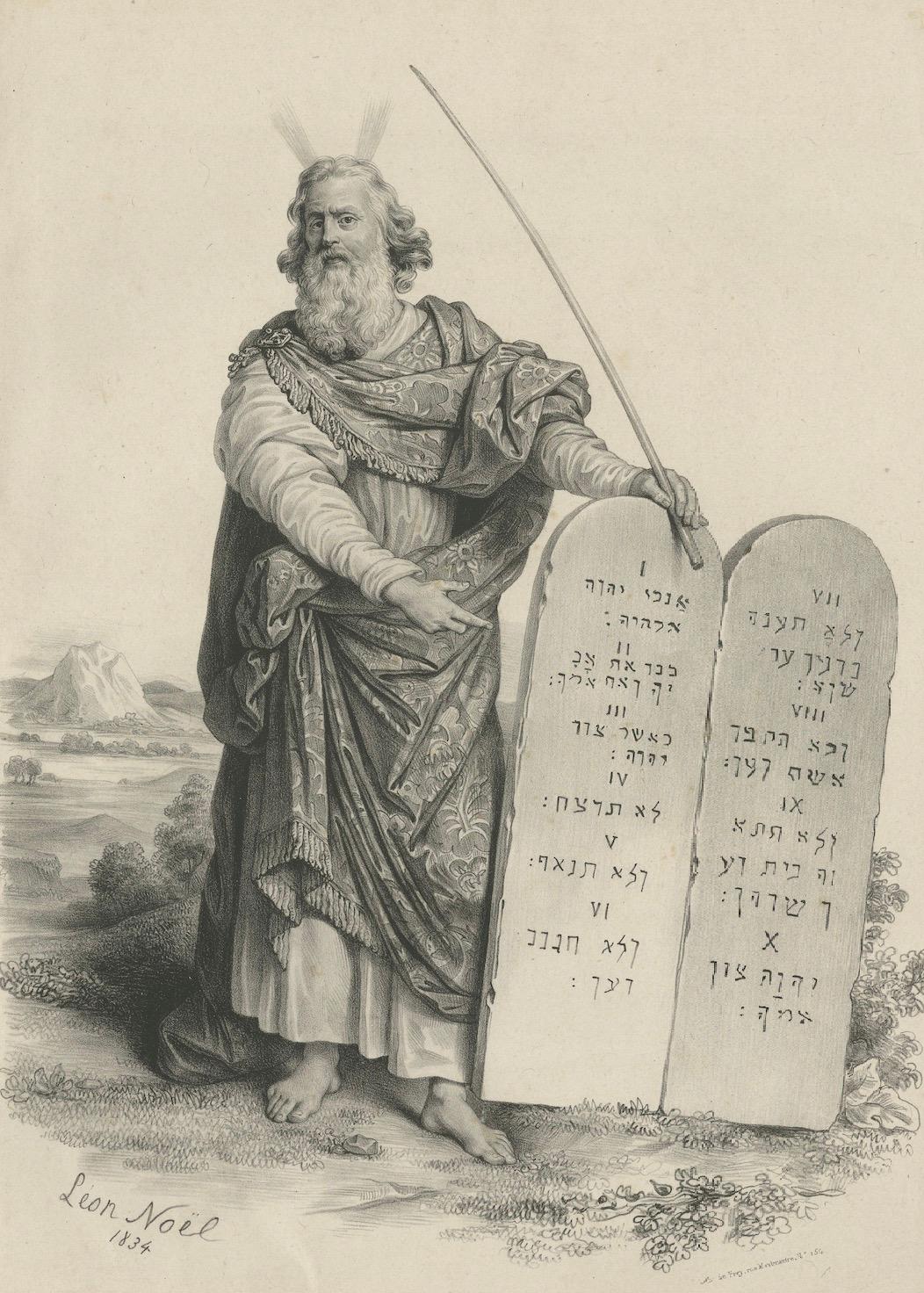 Paper Moses with the Ten Commandments by Léon Noël – French Lithograph, 1844 For Sale