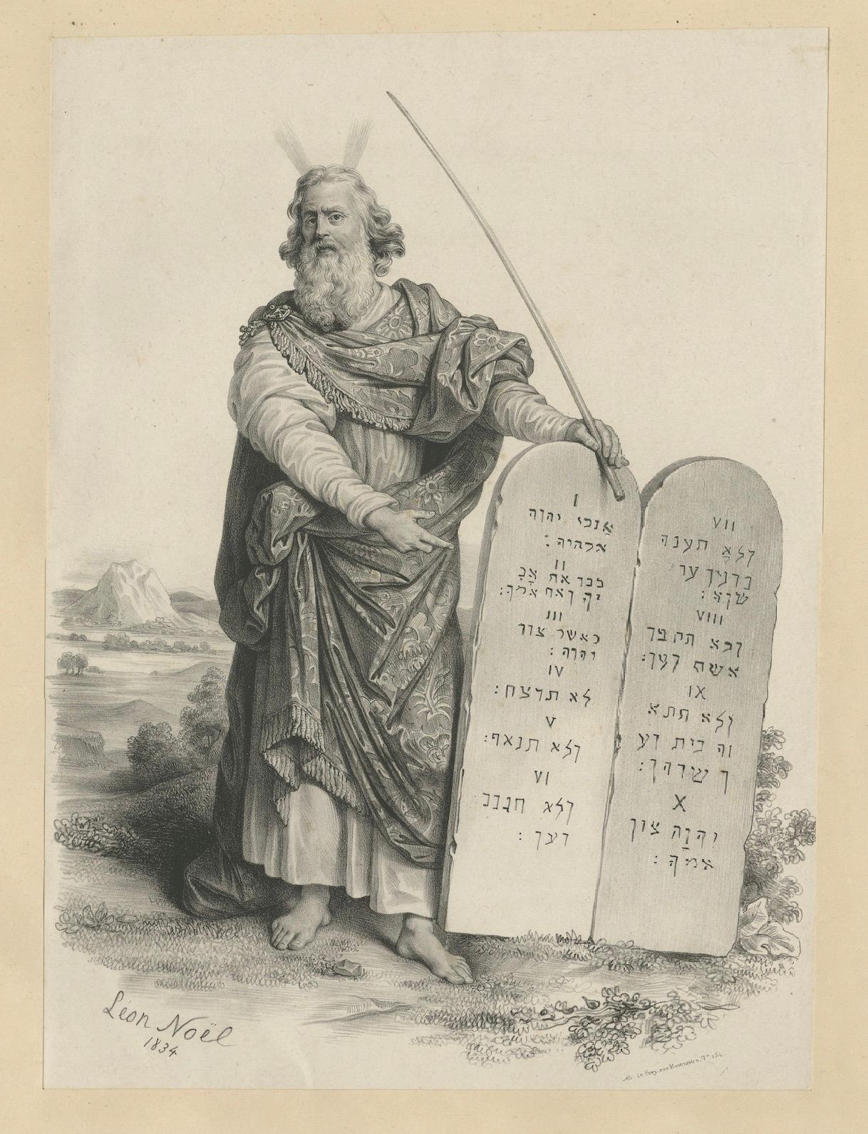 Moses with the Ten Commandments by Léon Noël – French Lithograph, 1844 For Sale 1