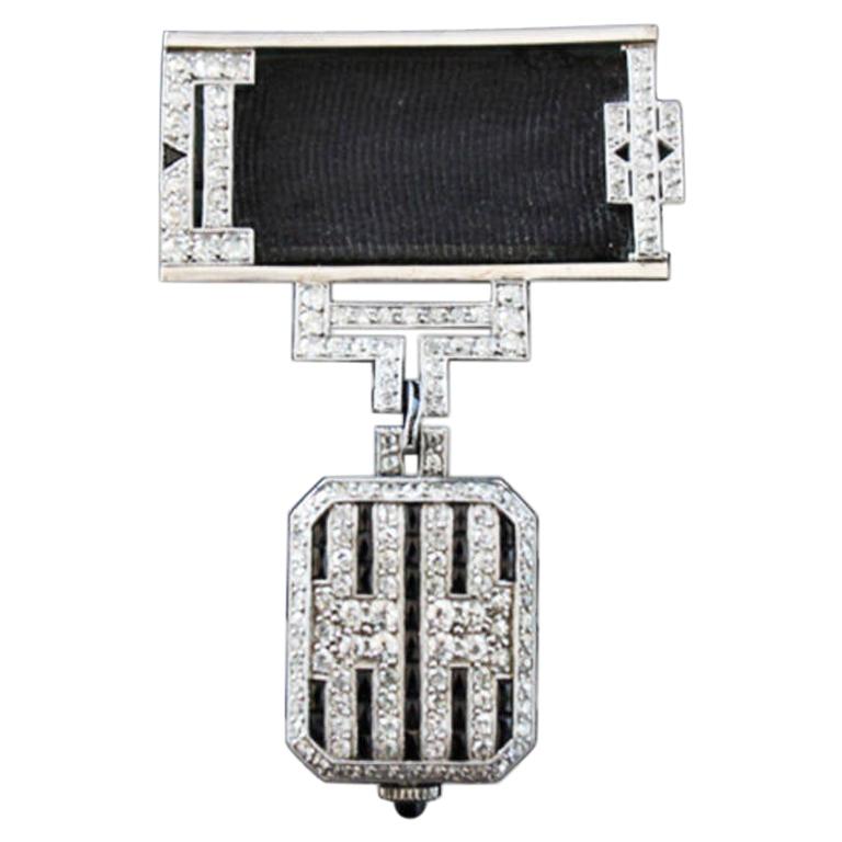 Moshammer Diamond and Onyx Longines Watch Brooch