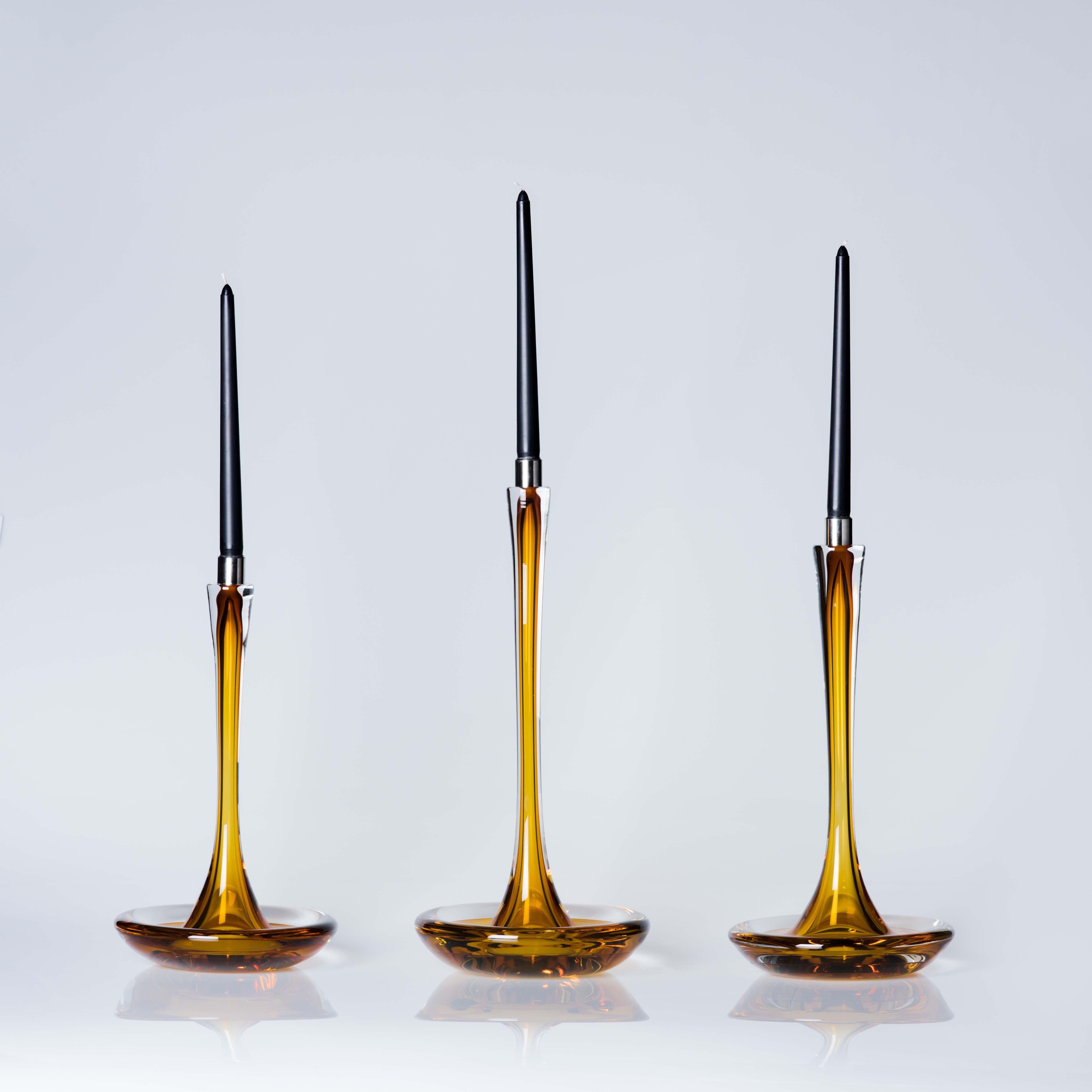 Contemporary Moshe Bursuker Set of 3 Amber Glass Candleholders, 2024 For Sale