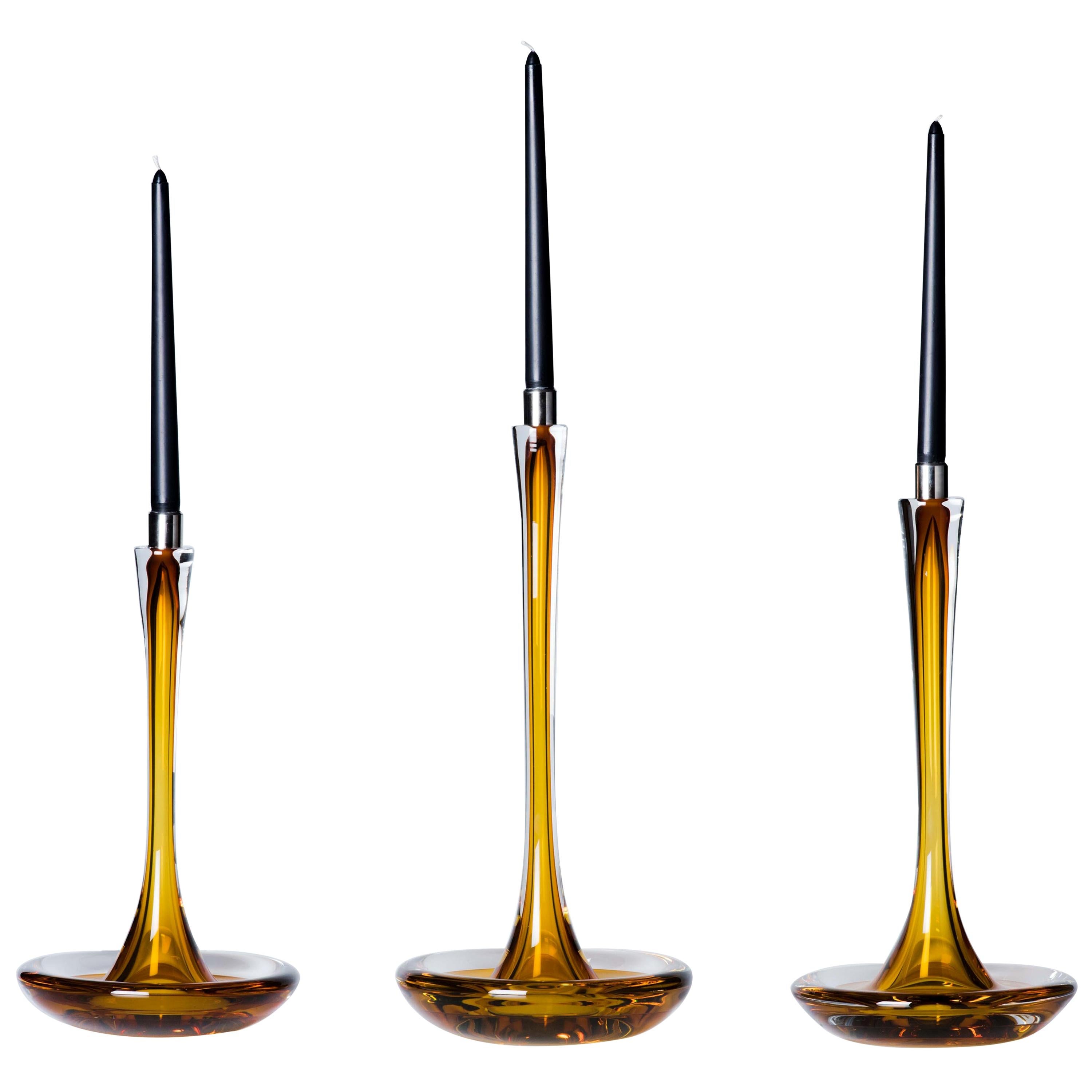 Moshe Bursuker Set of 3 Amber Glass Candleholders, 2024 For Sale