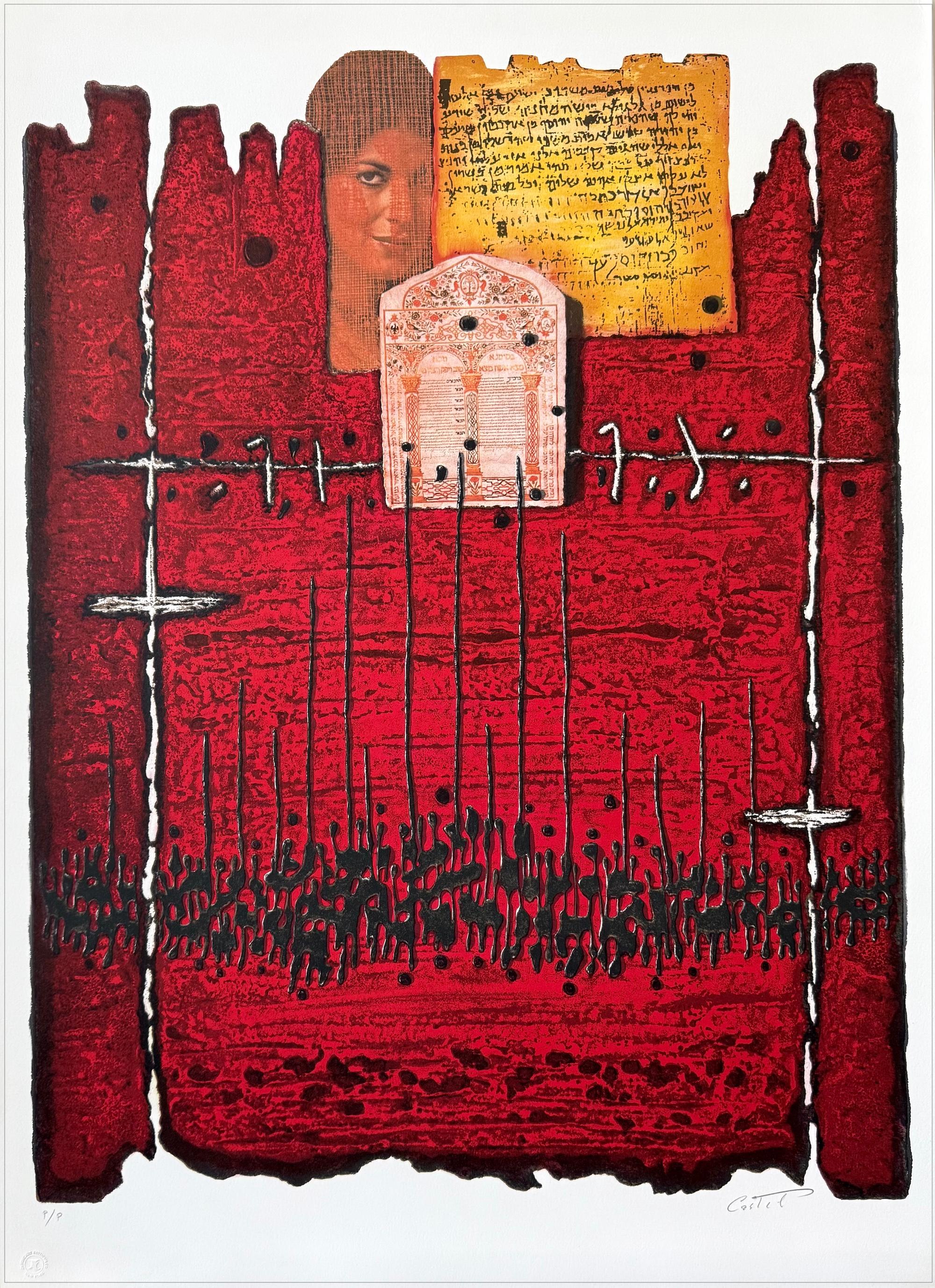 ABOVE JERUSALEM, Signed Lithograph, Collage Portrait, Sephardic Woman, Judaica