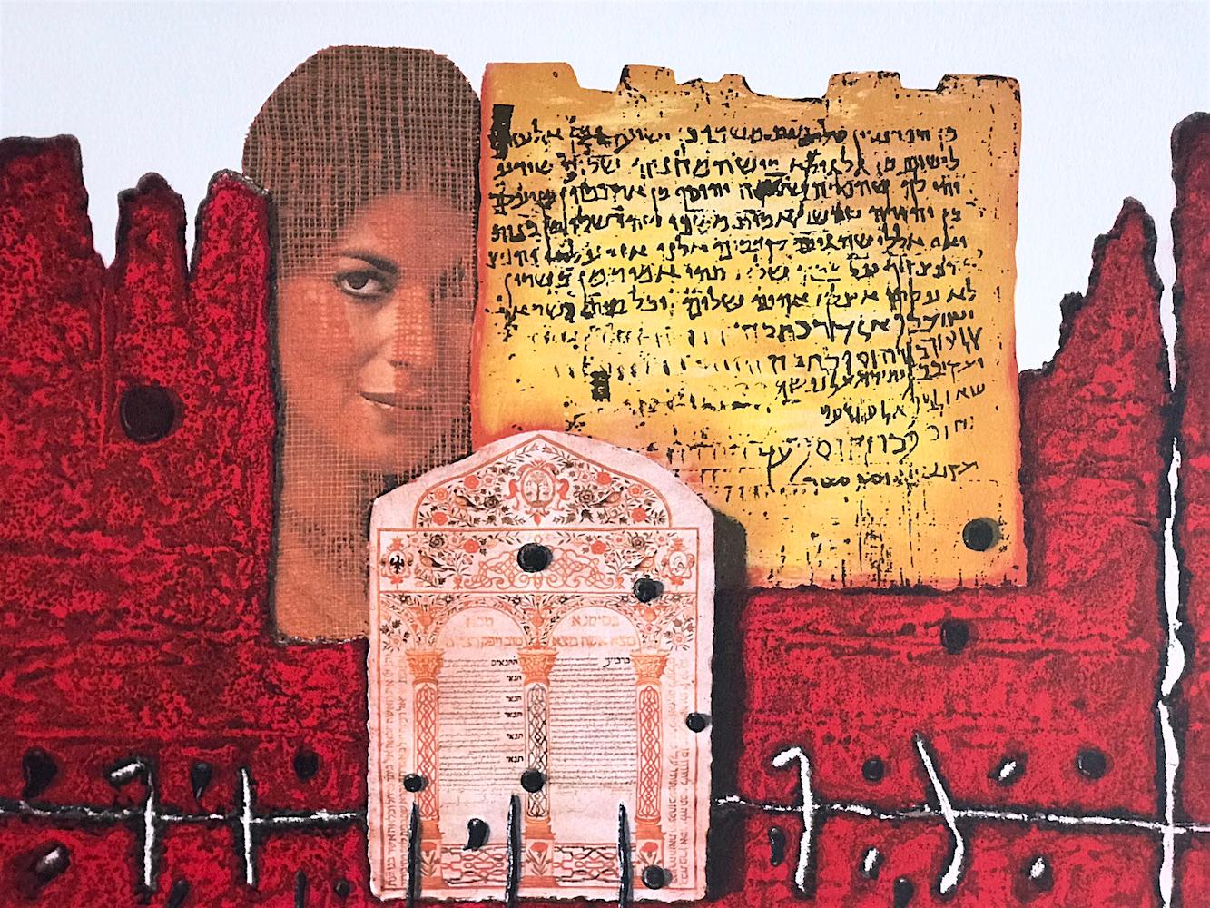 ABOVE JERUSALEM, Signed Lithograph, Collage Portrait, Sephardic Woman, Judaica - Print by Moshe Castel