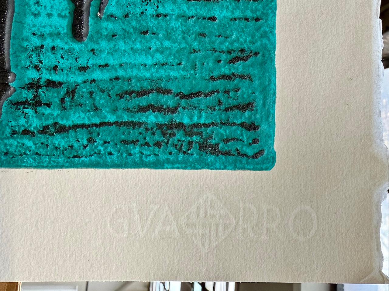 ANCIENT HEBREW WRITING Original Etching, Abstract Letters Turquoise, Black, Gold For Sale 5