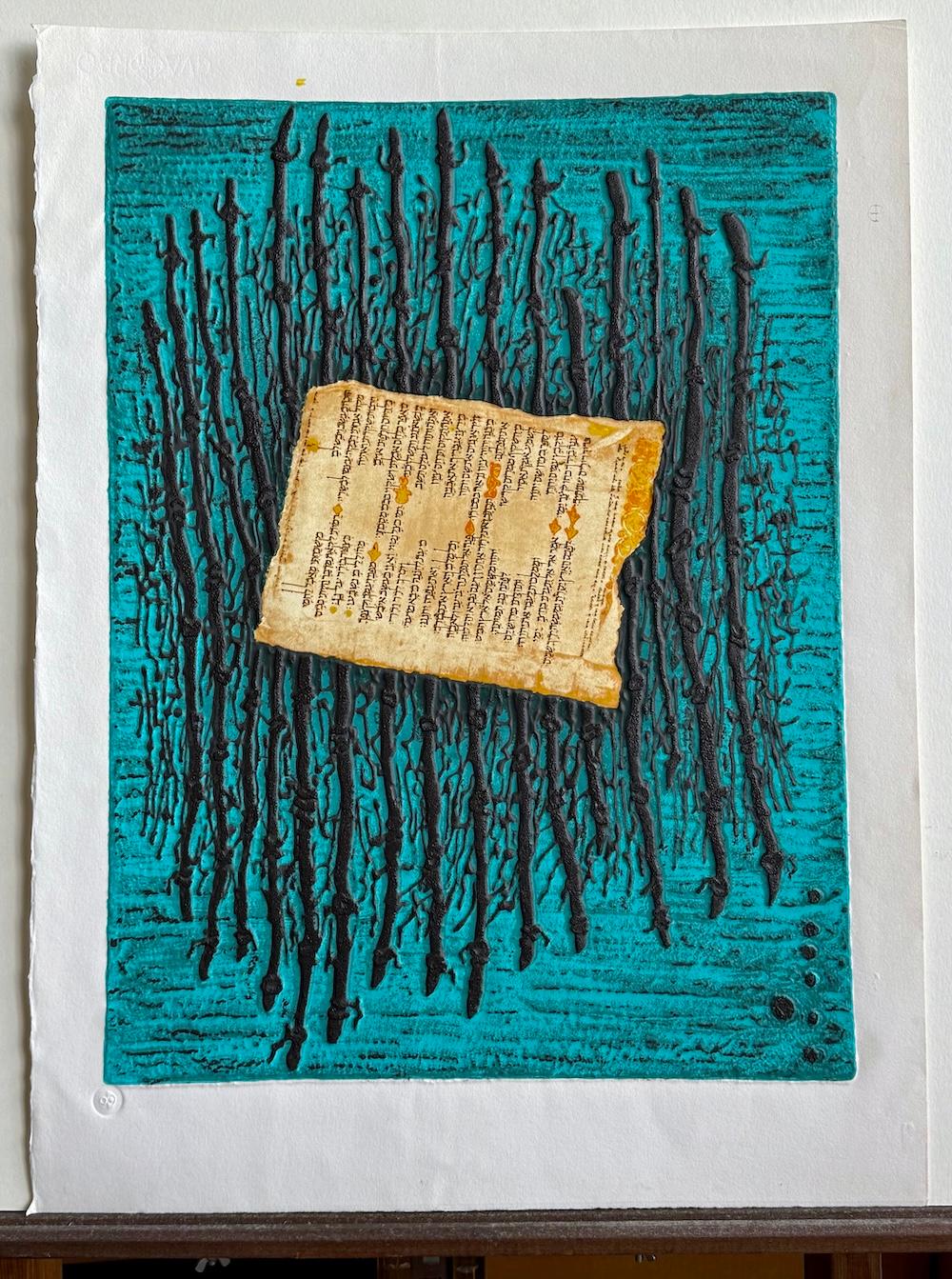 ANCIENT HEBREW WRITING Original Etching, Abstract Letters Turquoise, Black, Gold For Sale 6
