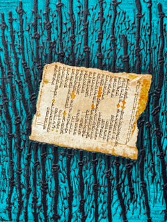 ANCIENT HEBREW WRITING Original Etching, Abstract Letters Turquoise, Black, Gold