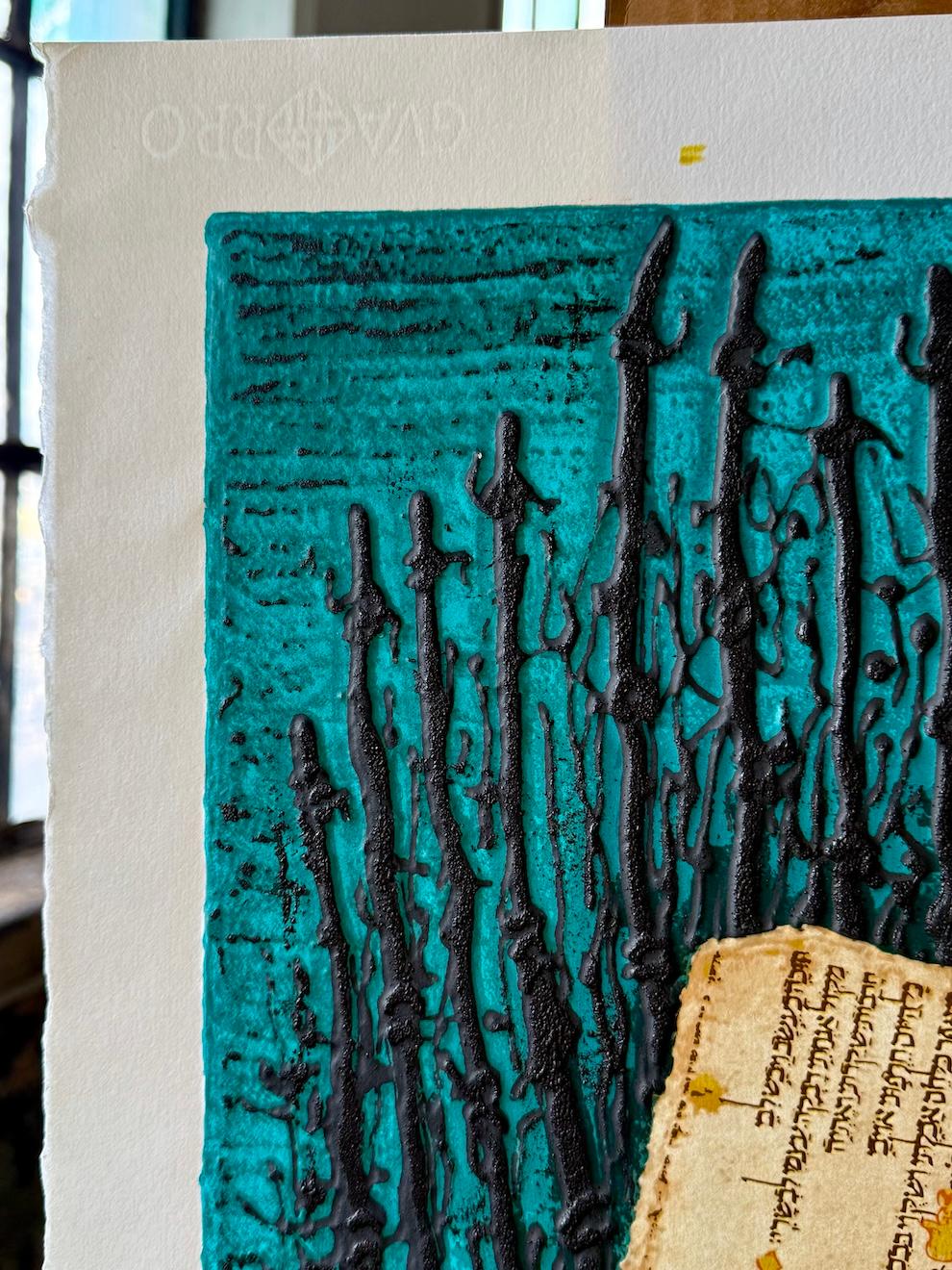 ANCIENT HEBREW WRITING Original Etching, Abstract Letters Turquoise, Black, Gold - Blue Abstract Print by Moshe Castel