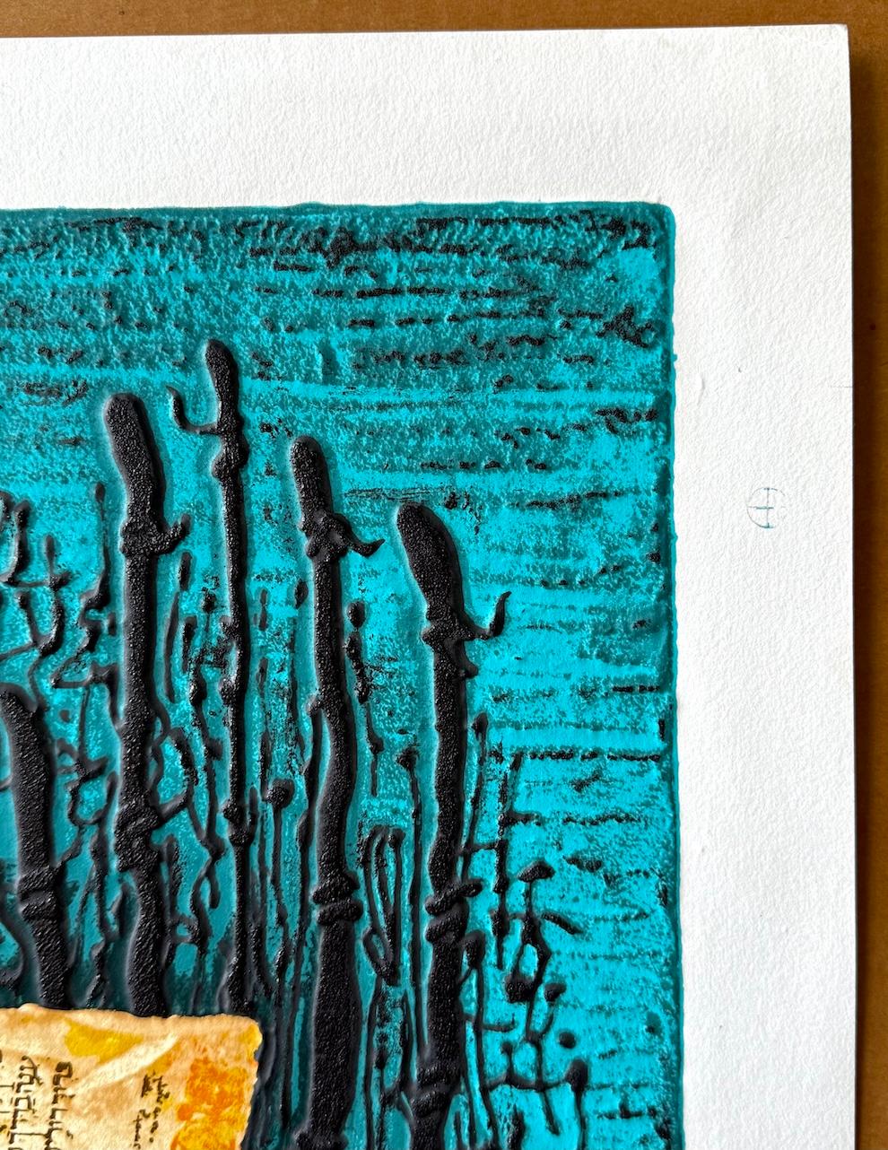 ANCIENT HEBREW WRITING by the Israeli artist Moshe Castel (1909-1991) is an original etching and aquatint printed in colors with carborundum using traditional hand intaglio techniques on archival printmaking paper 100% acid free. ANCIENT HEBREW