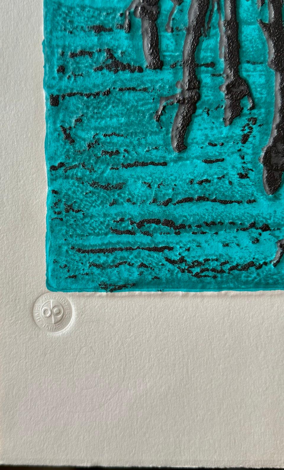 ANCIENT HEBREW WRITING Original Etching, Abstract Letters Turquoise, Black, Gold For Sale 1