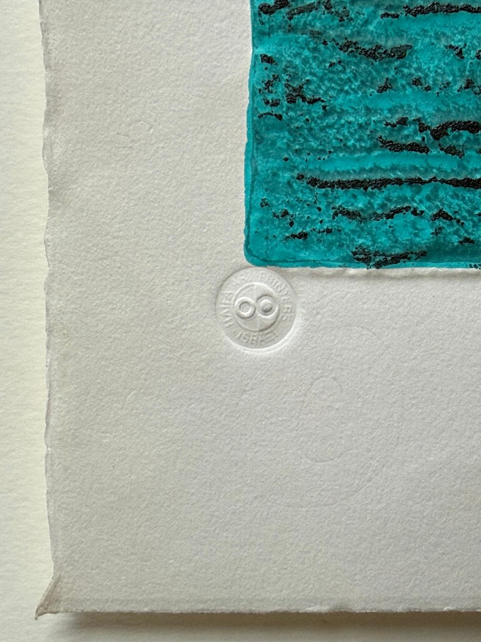 ANCIENT HEBREW WRITING Original Etching, Abstract Letters Turquoise, Black, Gold For Sale 2