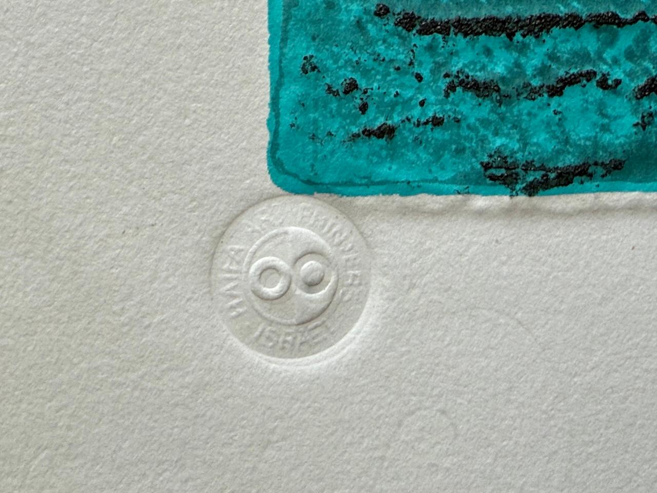 ANCIENT HEBREW WRITING Original Etching, Abstract Letters Turquoise, Black, Gold For Sale 3