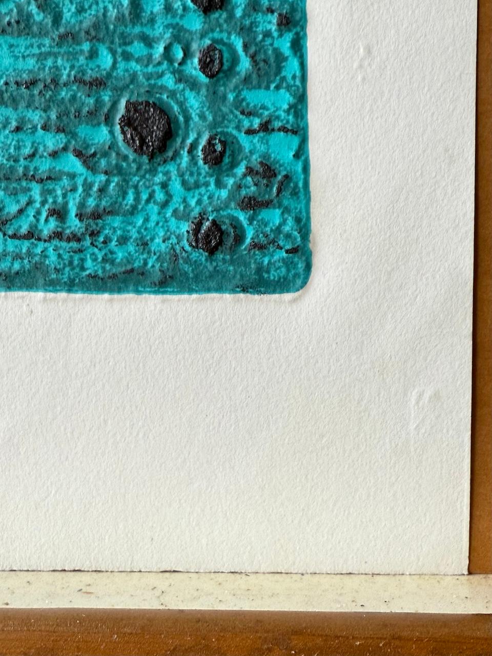 ANCIENT HEBREW WRITING Original Etching, Abstract Letters Turquoise, Black, Gold For Sale 4