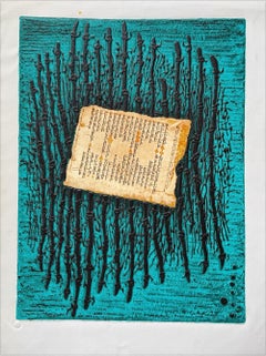 ANTICA SCRITTURA EBRAICA Acquaforte originale, lettere astratte Turchese, Nero, Oro