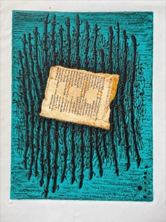 ANCIENT HEBREW WRITING Original-Radierung, Abstrakte Buchstaben Türkis, Schwarz, Gold
