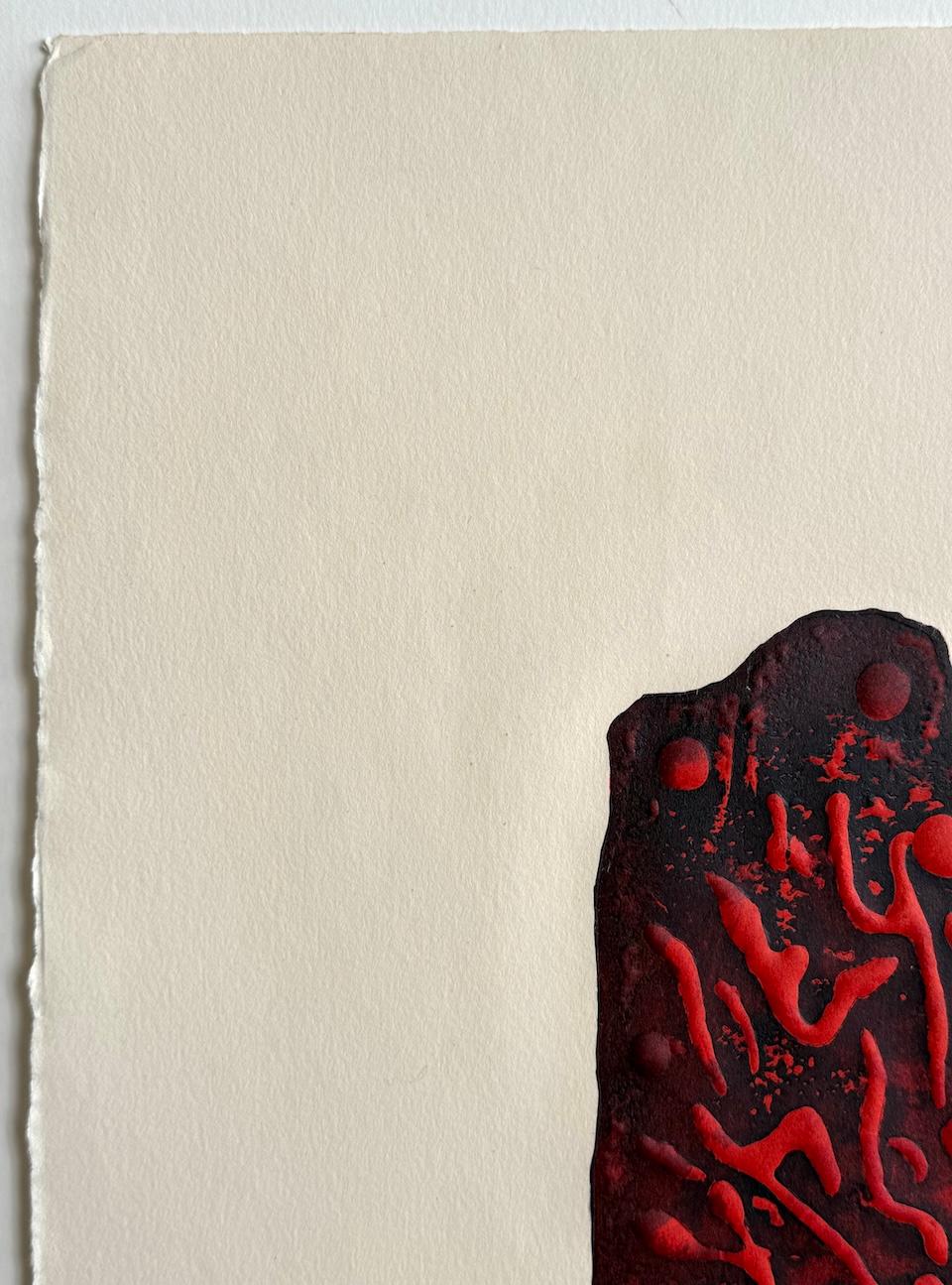 ANCIENT SCRIPT Original Etching, Abstract Hebrew Letters, Stone Tablet Red Black - Contemporain Print par Moshe Castel