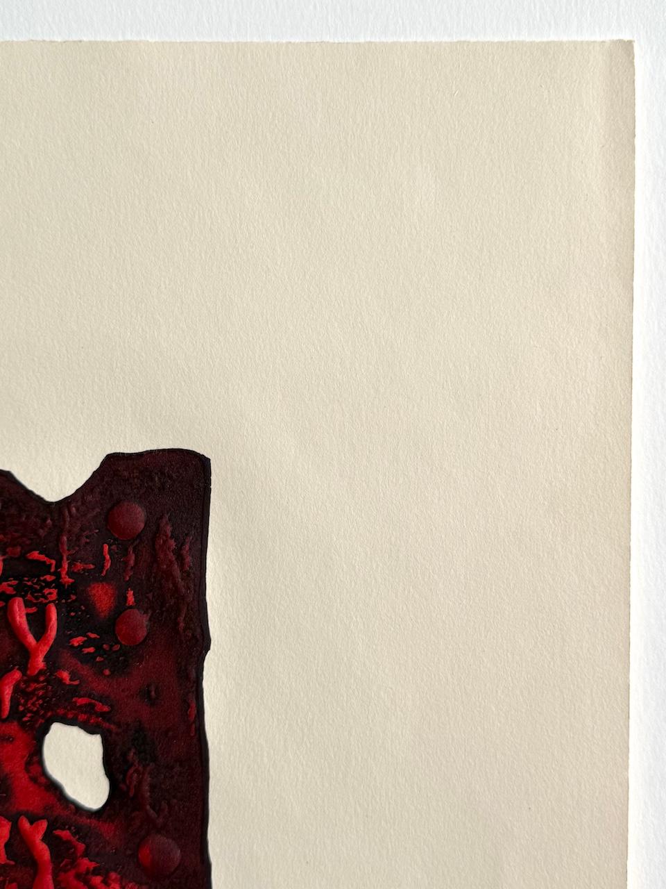 ANCIENT SCRIPT Original Etching, Abstract Hebrew Letters, Stone Tablet Red Black - Beige Abstract Print par Moshe Castel