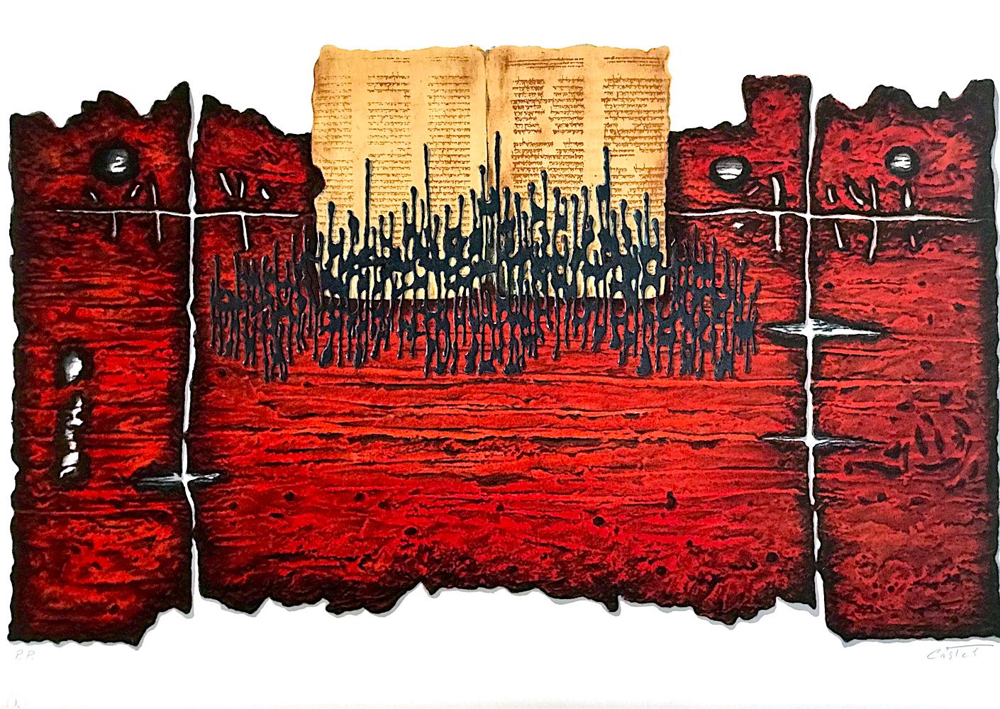 Moshe Castel Abstract Print - Book of Moses, Signed Lithograph, Jewish Symbolism, Deep Red, Black