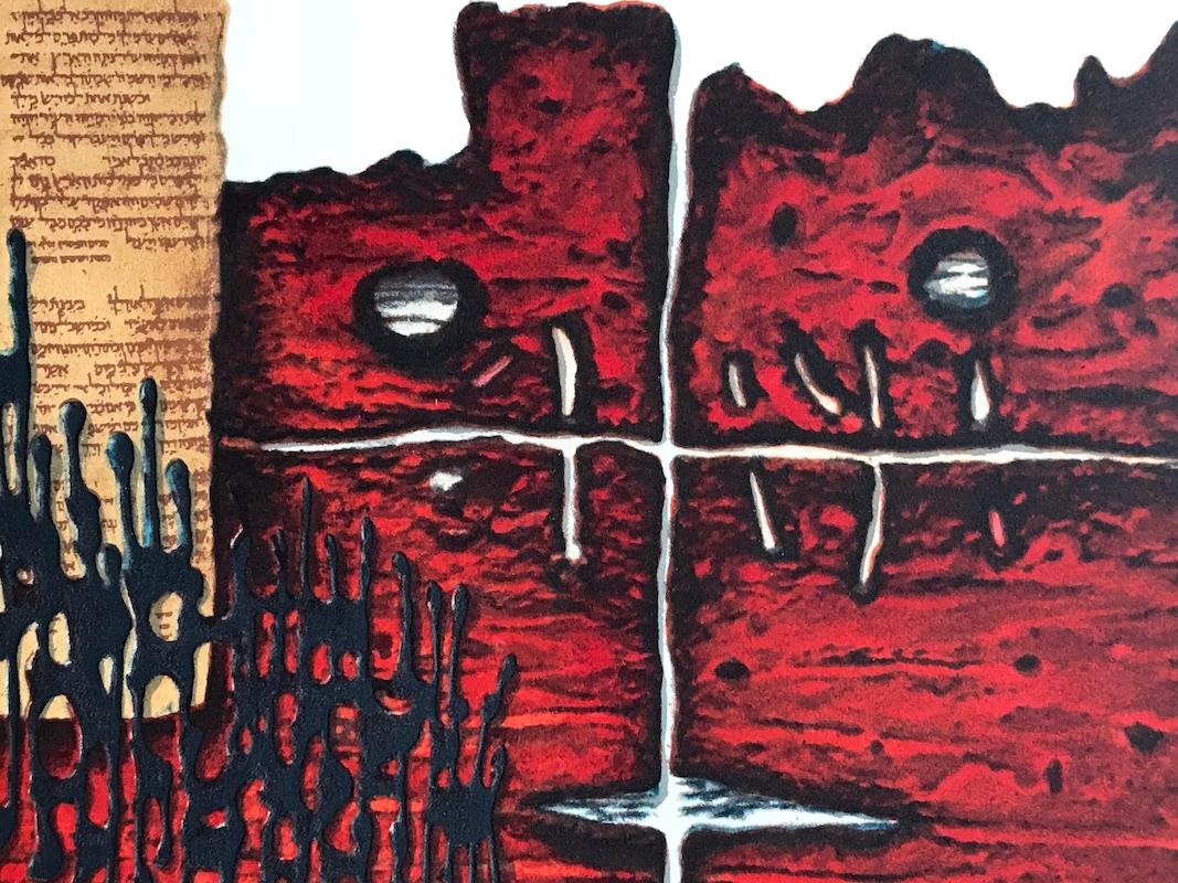 Livre de Moïse, lithographie signée, symbolisme juif, rouge foncé, noir - Contemporain Print par Moshe Castel
