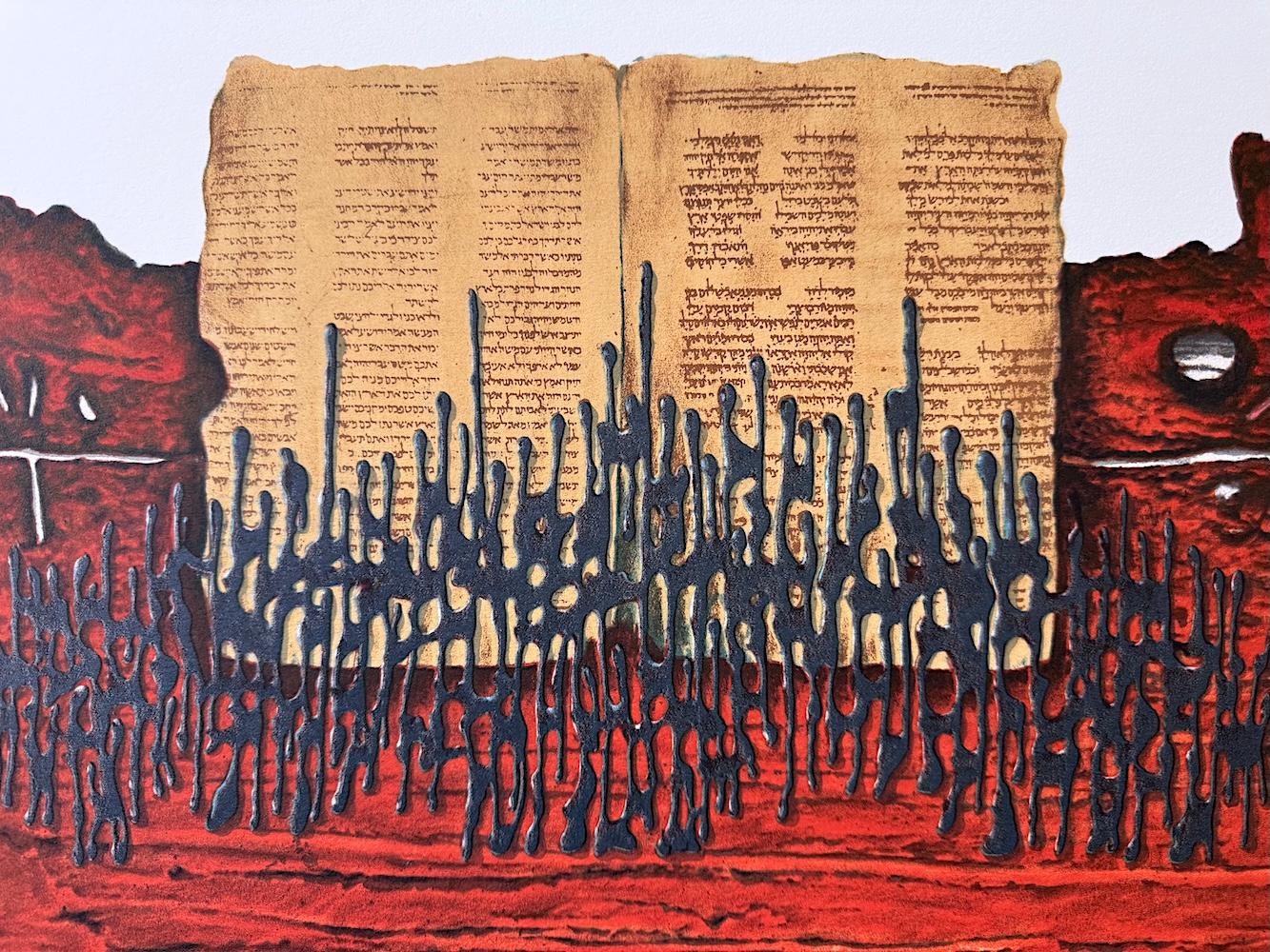 Livre de Moïse, lithographie signée, symbolisme juif, rouge foncé, noir - Rouge Abstract Print par Moshe Castel