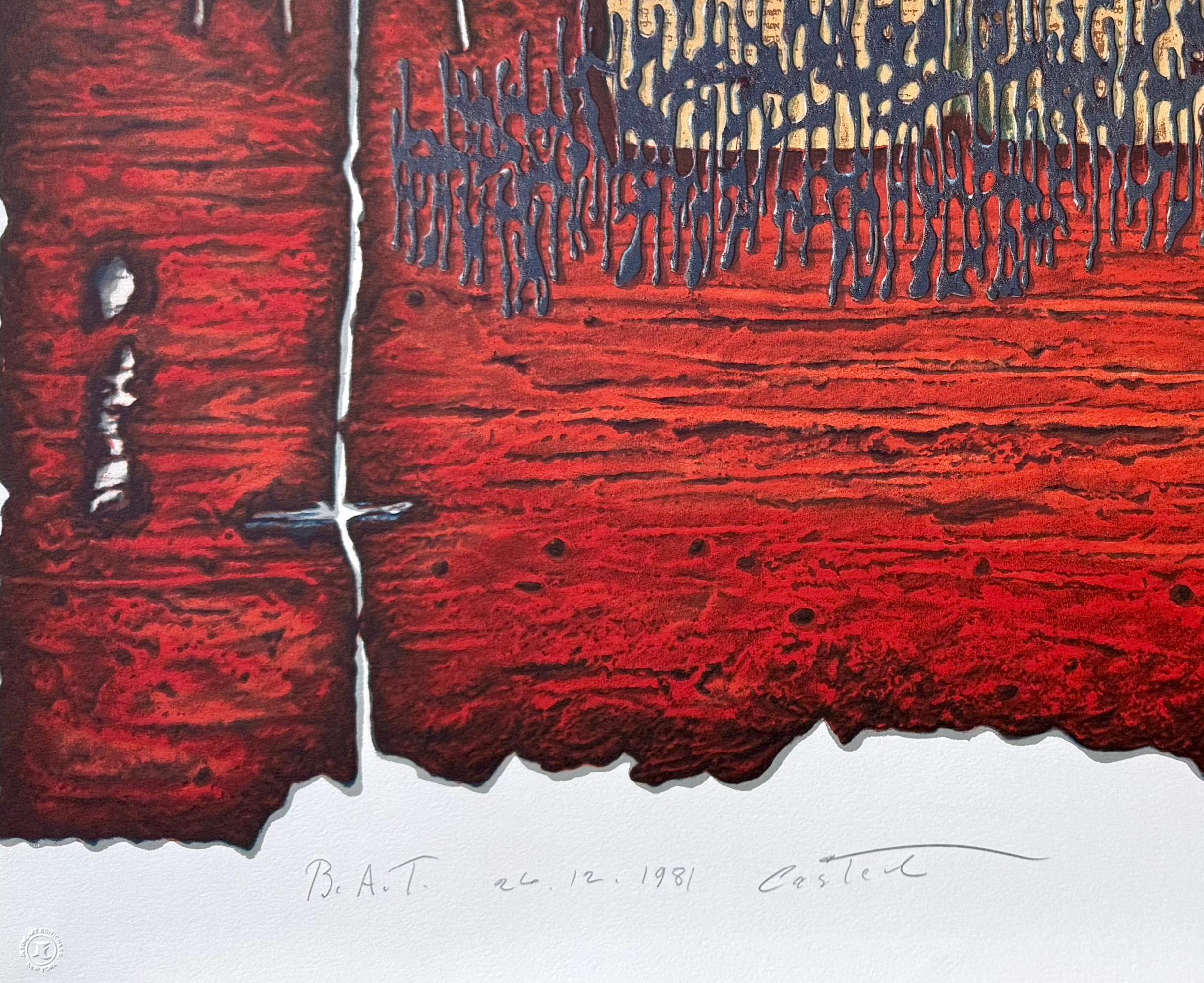 Livre de Moïse, lithographie signée, symbolisme juif, rouge foncé, noir en vente 1