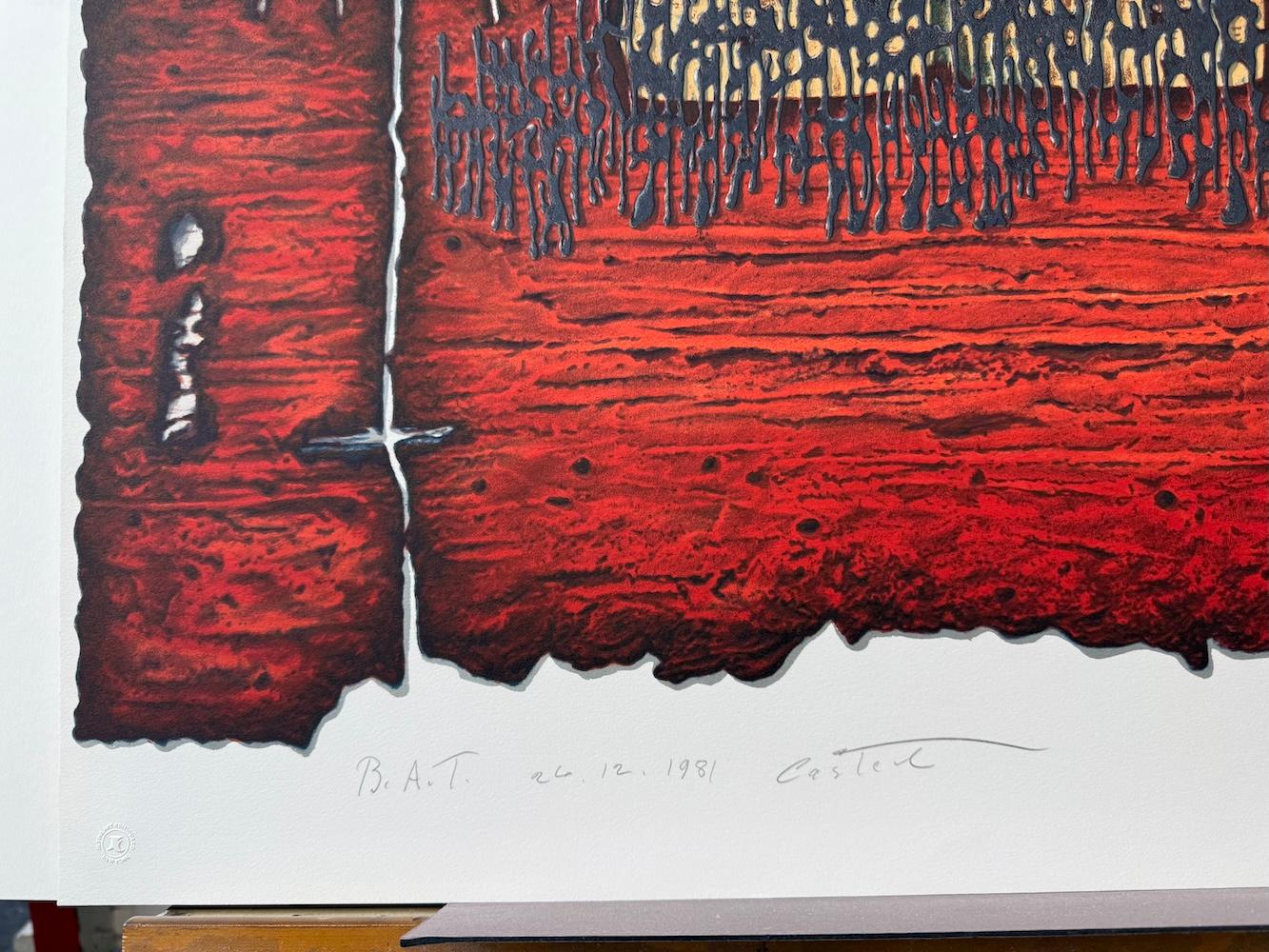 Livre de Moïse, lithographie signée, symbolisme juif, rouge foncé, noir en vente 2