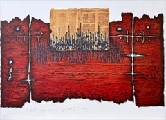 Buch Moses, Signierte Lithographie, Jüdische Symbolik, Tiefrot, Schwarz
