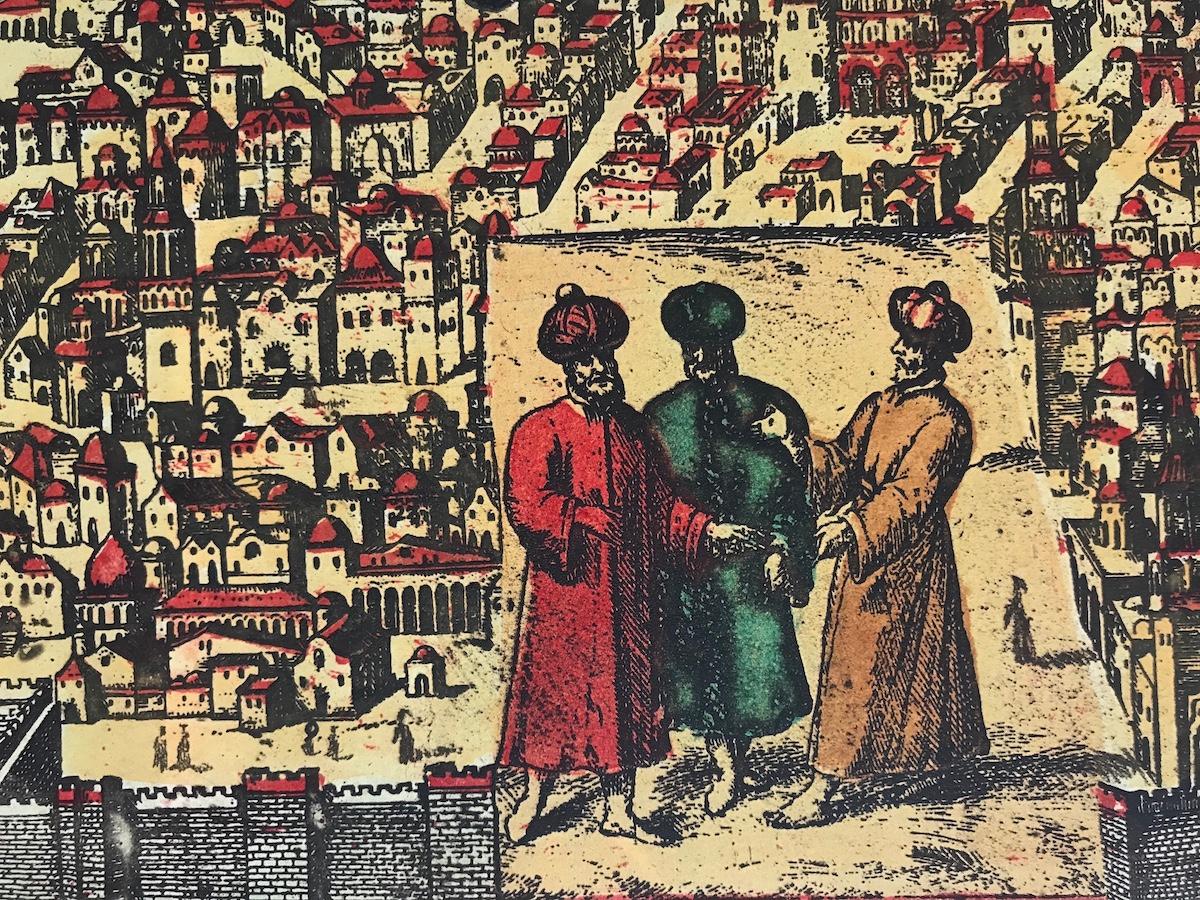 ETERNAL CITY Gravure originale de Jérusalem médiévale, tablette en pierre, histoire juive - Rose Abstract Print par Moshe Castel